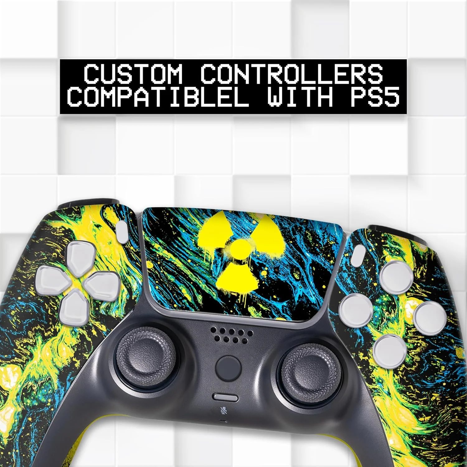 جعبه نوازش کودک کنترلر سفارشی رادیواکتیو PS-5 بی سیم سازگار با کنسول پلی استیشن 5 توسط کنترلرهای BCB | با افتخار سفارشی سازی شده در ایالات متحده آمریکا با چاپ دائمی HYDRO-DIP (نه فقط یک پوسته)