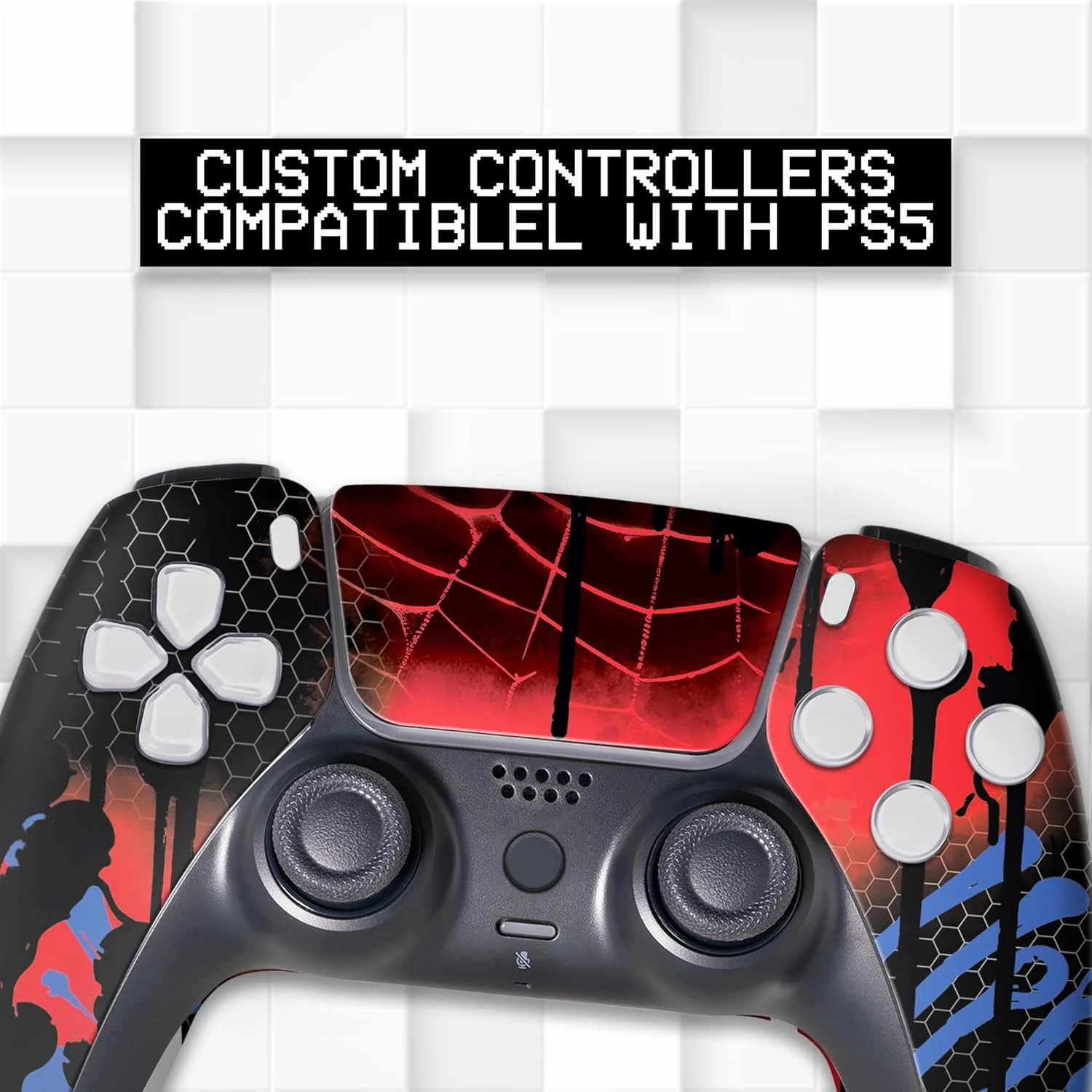 دسته بازی سفارشی PS-5 طرح Web Slinger بی سیم سازگار با کنسول پلی استیشن 5 توسط BCB Controllers | با افتخار سفارشی سازی شده در ایالات متحده آمریکا با چاپ دائمی HYDRO-DIP (نه فقط یک برچسب)