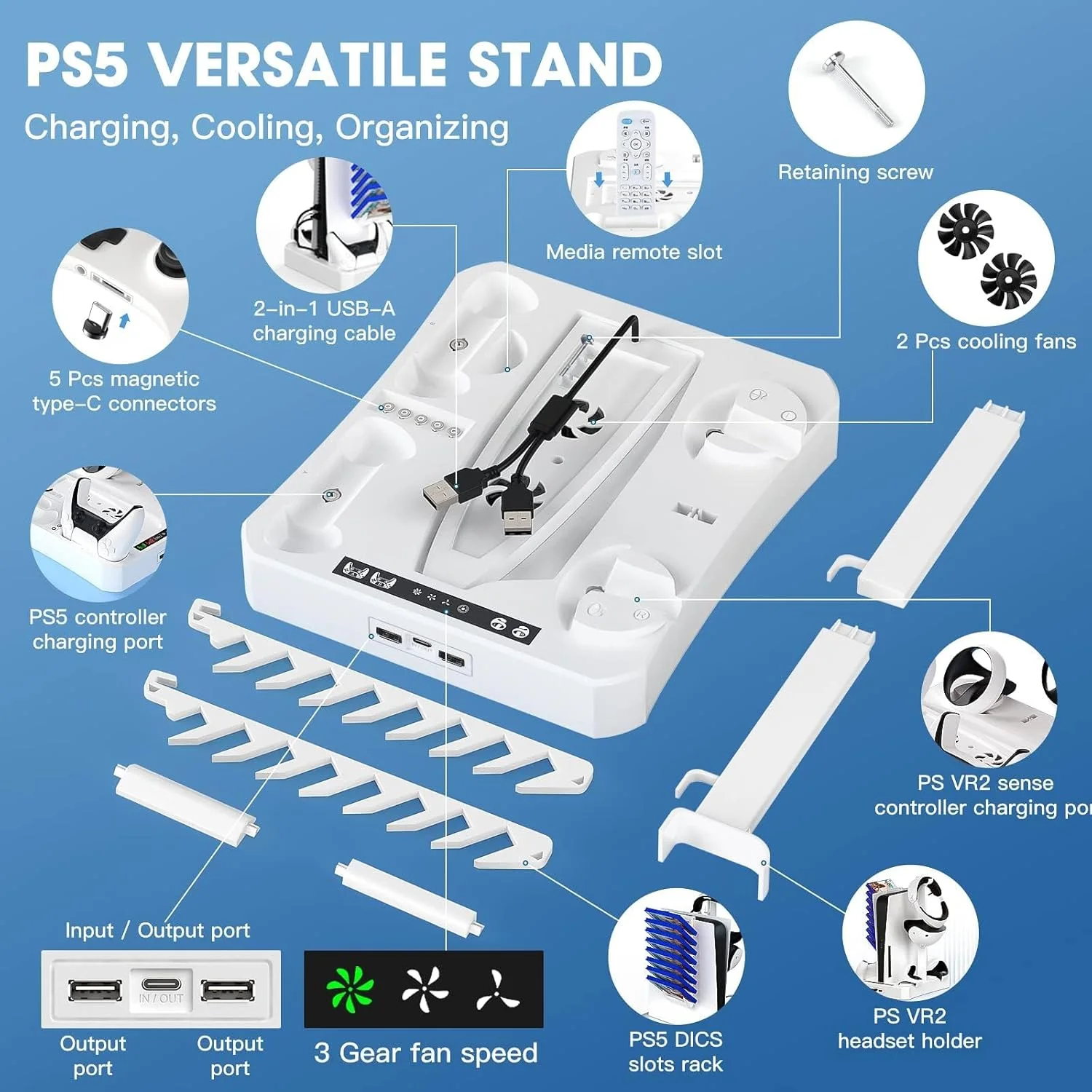 پایه باریک Tazweeq، ایستگاه خنک کننده، ایستگاه شارژ دوگانه کنترلر برای کنسول PS5 PS VR2، فن خنک کننده سازگار با لوازم جانبی PS5