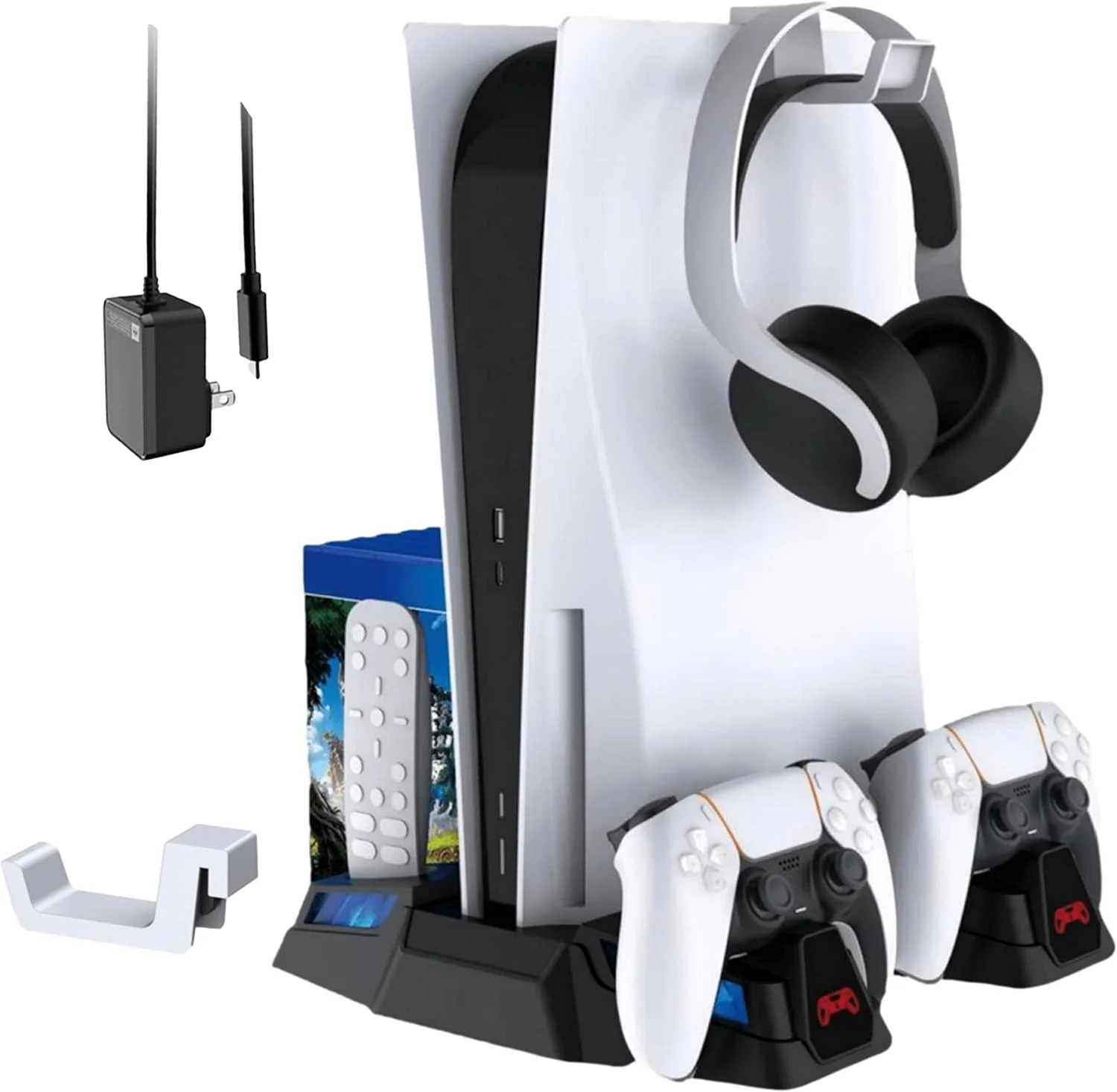 پایه PS5 اوبانگ با فن خنک کننده و ایستگاه شارژ دوگانه کنترلر برای کنسول Playstation 5 PS5، فن خنک کننده PS5 ارتقا یافته با ایستگاه داک شارژ و 12 اسلات بازی - شامل کابل 2 در 1