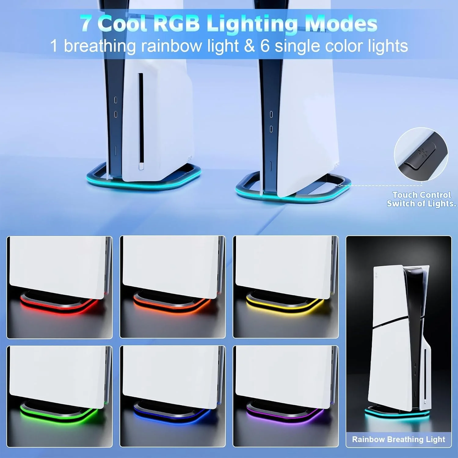 پایه عمودی Tazweeq برای کنسول PS5، پایه افقی با 7 چراغ RGB برای مدل های دیجیتال/دیسک و اسلیم، مشکی پایه عمودی Tazweeq برای کنسول PS5، پایه افقی با 7 چراغ RGB برای مدل های دیجیتال/دیسک و اسلیم، مشکی
