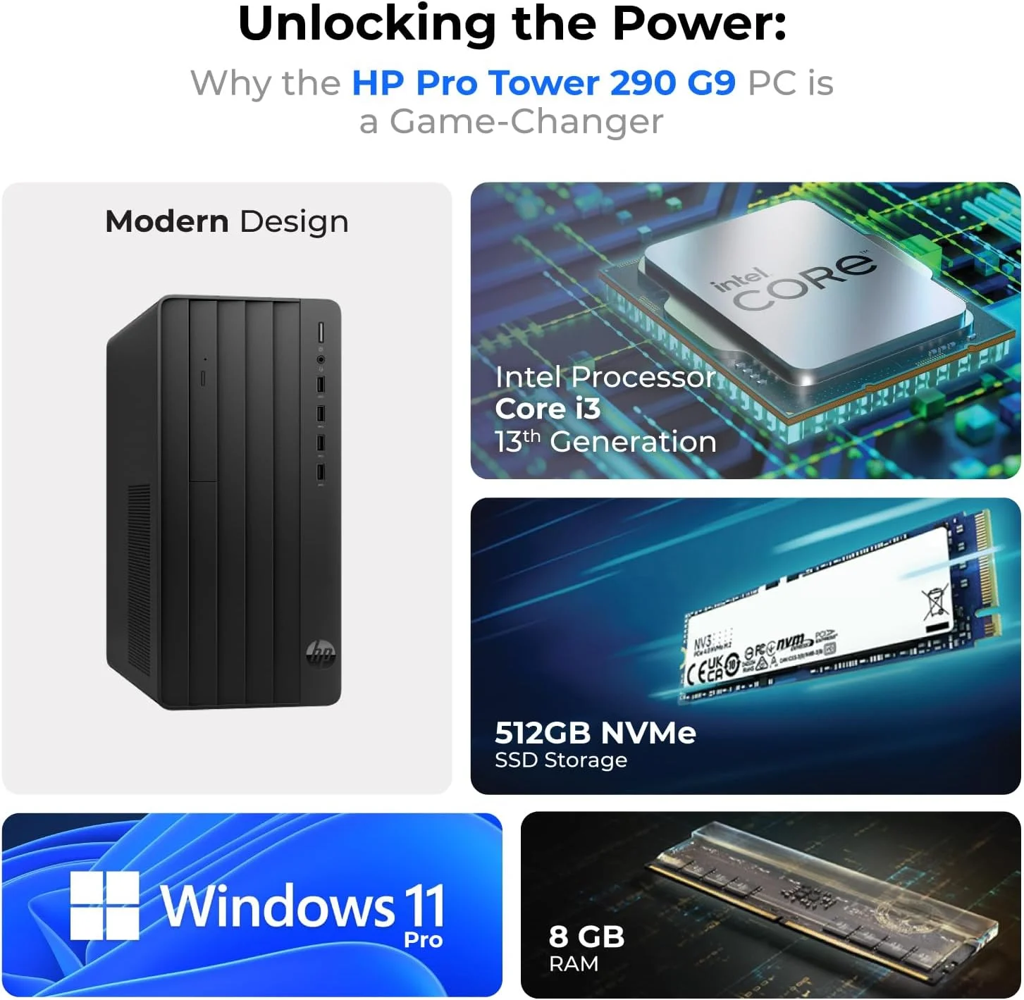 کامپیوتر رومیزی HP 290 G9 با پردازنده Core i3 نسل 13، رم 8 گیگابایتی DDR4، حافظه SSD 512 گیگابایتی، DVD-RW، ویندوز 11 پرو (شامل کیبورد و ماوس + پد ماوس + آنتی ویروس نورتون + هدست سیمی HP)