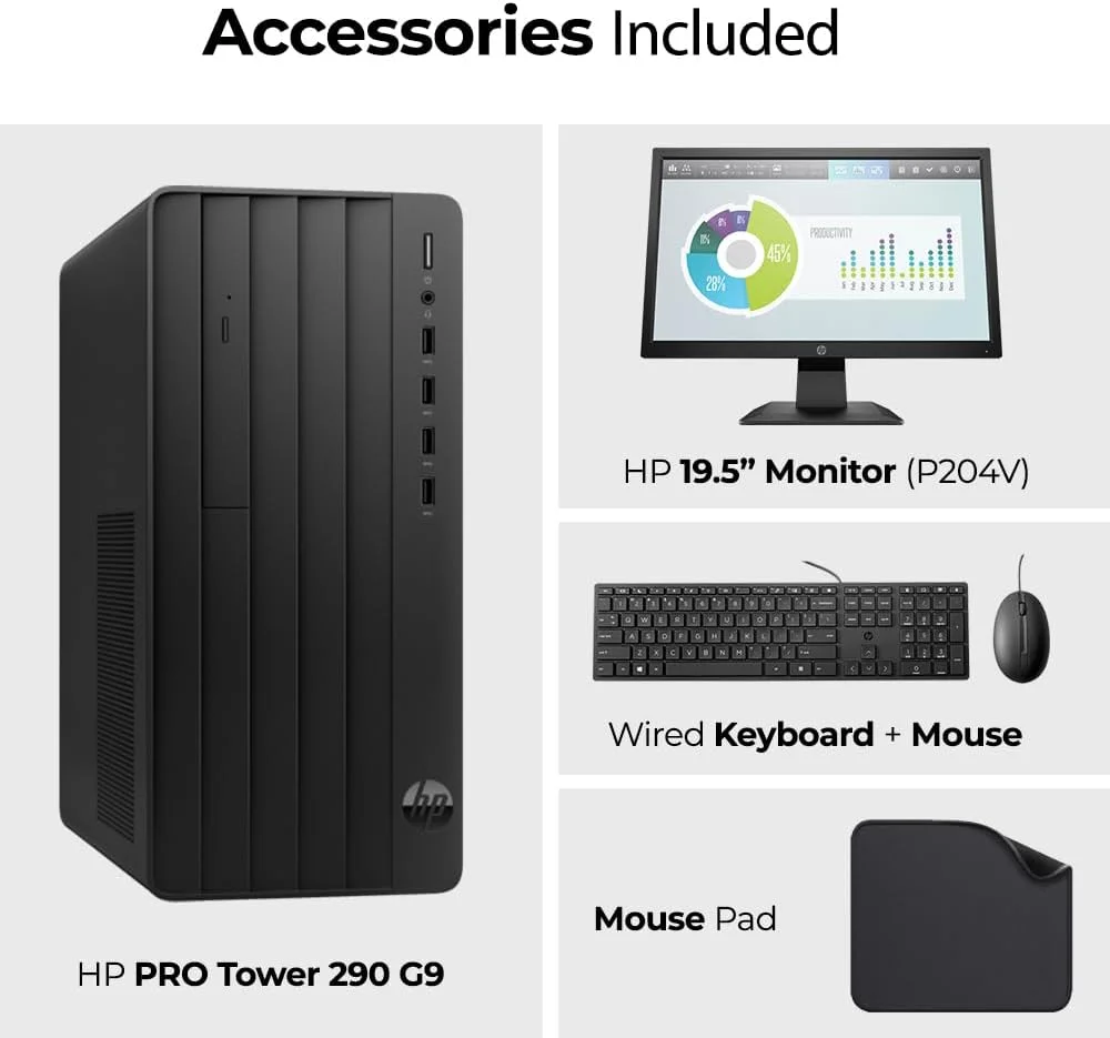 کامپیوتر رومیزی HP Pro Tower 290 G9 - گرافیک Intel UHD، پردازنده نسل دوازدهم Intel Core i3-12100، رم 16 گیگابایتی - SSD NVMe 512 گیگابایتی، ویندوز 11 پرو (شامل مانیتور 22 اینچی HP + کیبورد + ماوس + ماوس پد)