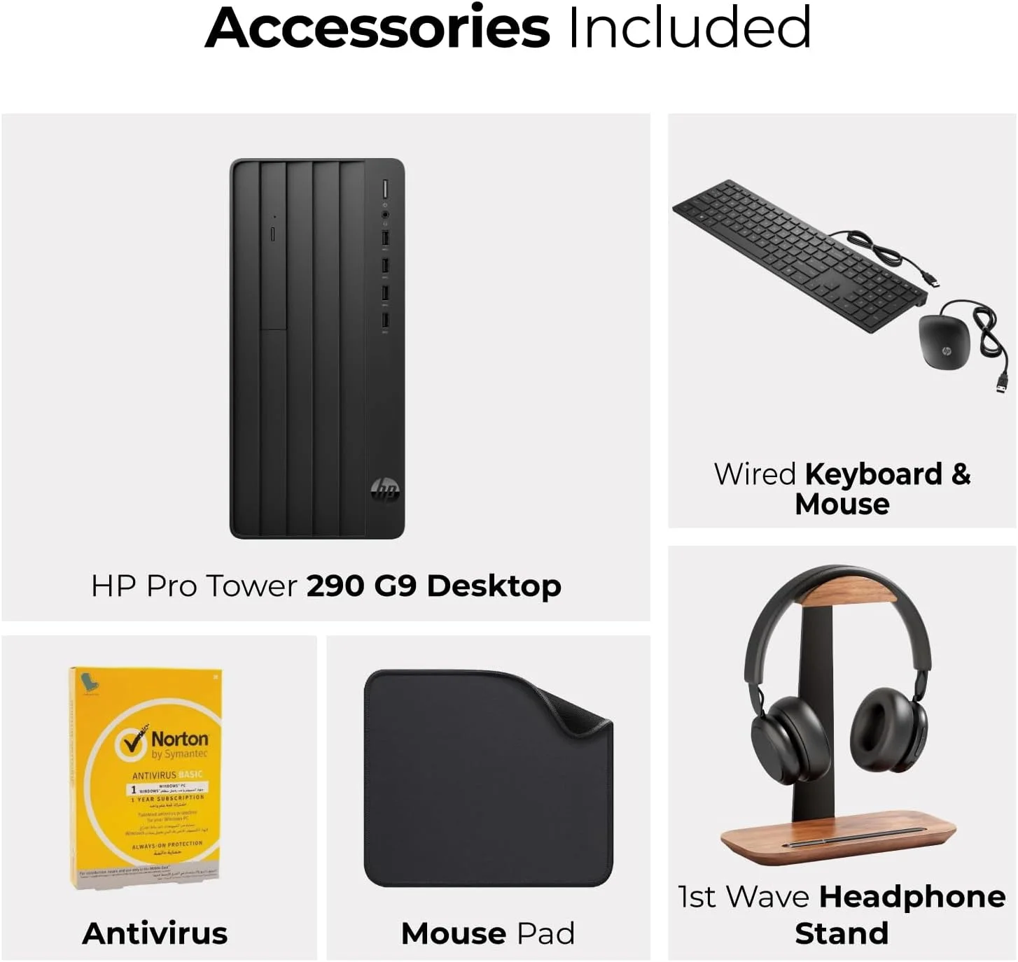 کامپیوتر رومیزی HP 290 G9 با پردازنده Core i3 نسل 13، رم 8 گیگابایتی DDR4، حافظه SSD 512 گیگابایتی، DVD-RW، ویندوز 11 پرو (شامل کیبورد و ماوس + پد ماوس + آنتی ویروس نورتون + هدست سیمی HP)