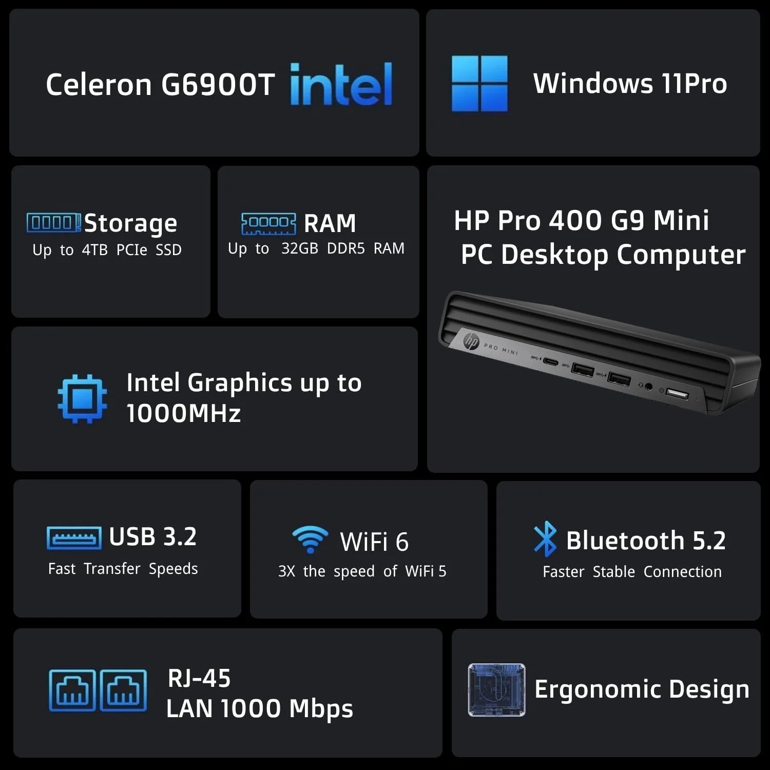 کامپیوتر رومیزی مینی HP Pro 400 G9، پردازنده Intel، رم 16 گیگابایتی DDR5، حافظه SSD PCIe 256 گیگابایتی، پشتیبانی از نمایشگر سه گانه 4K، USB-C، طراحی فوق العاده بی صدا، بلوتوث 5.2، WiFi 6، کیبورد و ماوس، ویندوز 11 پرو کامپیوتر رومیزی مینی HP Pro 400 G9، پردازنده Intel، رم 16 گیگابایتی DDR5، حافظه SSD PCIe 256 گیگابایتی، پشتیبانی از نمایشگر سه گانه 4K، USB-C، طراحی فوق العاده بی صدا، بلوتوث 5.2، WiFi 6، کیبورد و ماوس، ویندوز 11 پرو