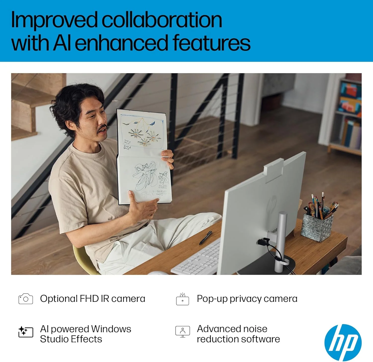 کامپیوتر همه کاره HP مدل All-in-One Desktop AI 27-cr2000ne، صفحه نمایش 27 اینچی FHD، پردازنده Intel® Core™ Ultra 7-255U، رم 16 گیگابایتی DDR5، حافظه SSD 1 ترابایتی، Intel® AI Boost (12 NPU TOPS)، کیبورد انگلیسی/عربی، ویندوز 11، سفید صدفی [BZ6J2EA]