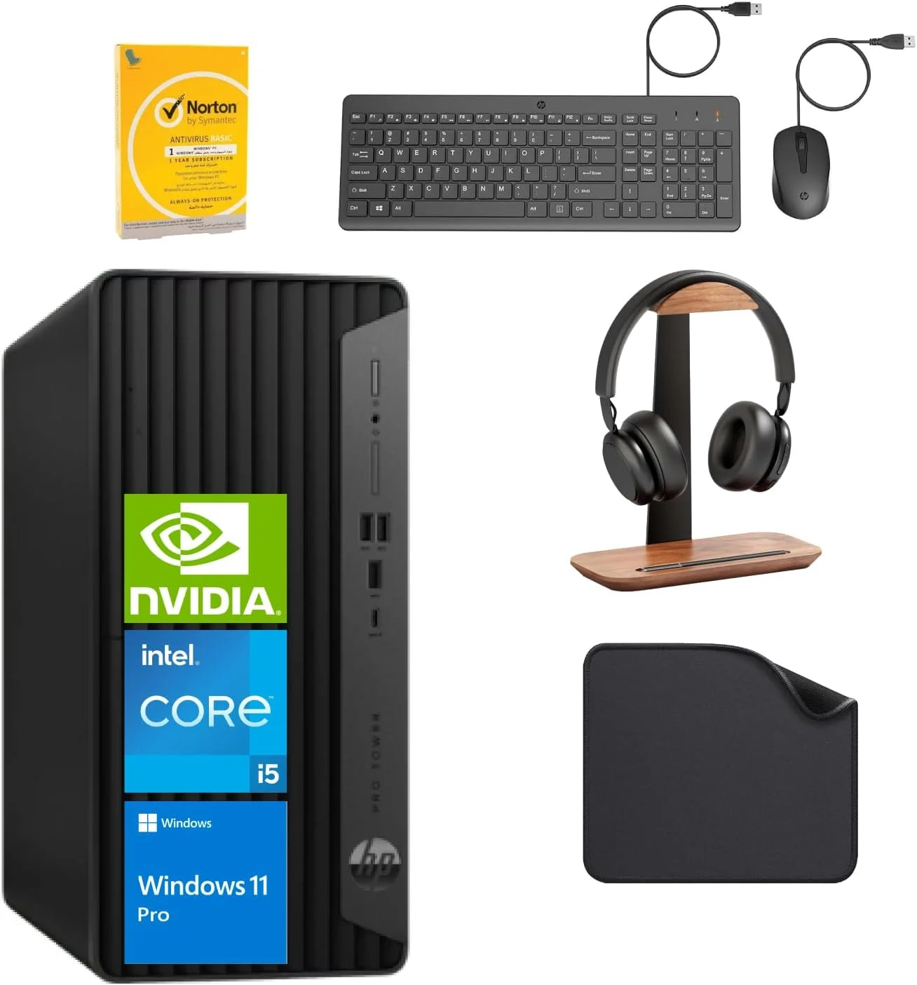 کامپیوتر رومیزی HP 400 G9 – Core i5-14400 (نسل 14)، 32 گیگابایت رم، 1 ترابایت SSD، گرافیک NVIDIA 4 گیگابایتی، ویندوز 11 پرو، شامل کیبورد، ماوس، ماوس پد و آنتی ویروس نورتون، و هدست سیمی HP