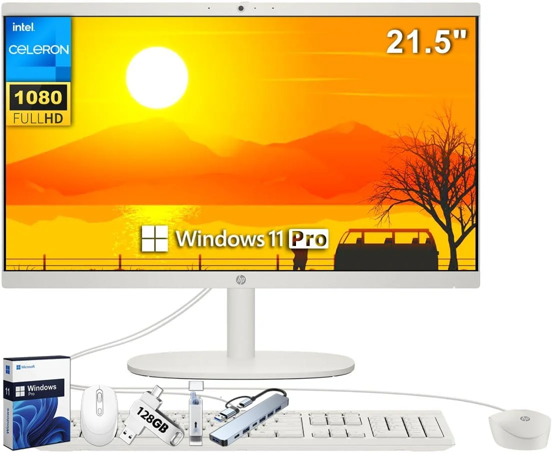 کامپیوتر رومیزی همه کاره HP، صفحه نمایش 21.5 اینچی FHD، پردازنده Intel Celeron J4025، رم 32 گیگابایتی، SSD 1 ترابایتی، لایسنس مادام العمر Microsoft Office Pro و Windows 11 Pro، کیبورد و ماوس سیمی، وب کم، HDMI