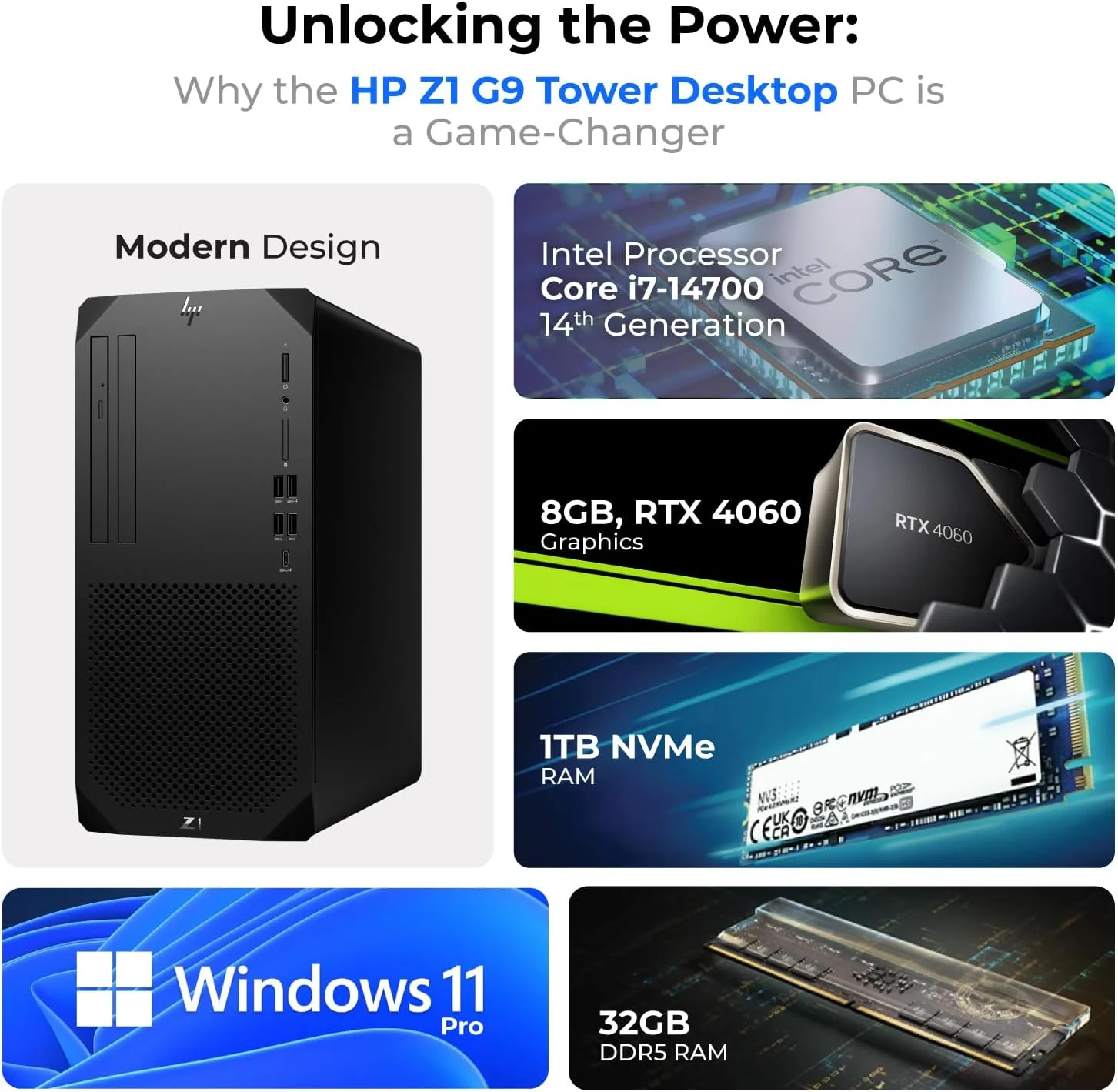 کامپیوتر رومیزی ورک استیشن HP (Z1 G9) نسل 14 اینتل i7-14700، گرافیک RTX4060 8GB، رم 32GB DDR5، SSD 1TB، ویندوز 11 پرو، (شامل پایه هدست First Wave + کیبورد سیمی + ماوس + آنتی ویروس + ماوس پد)