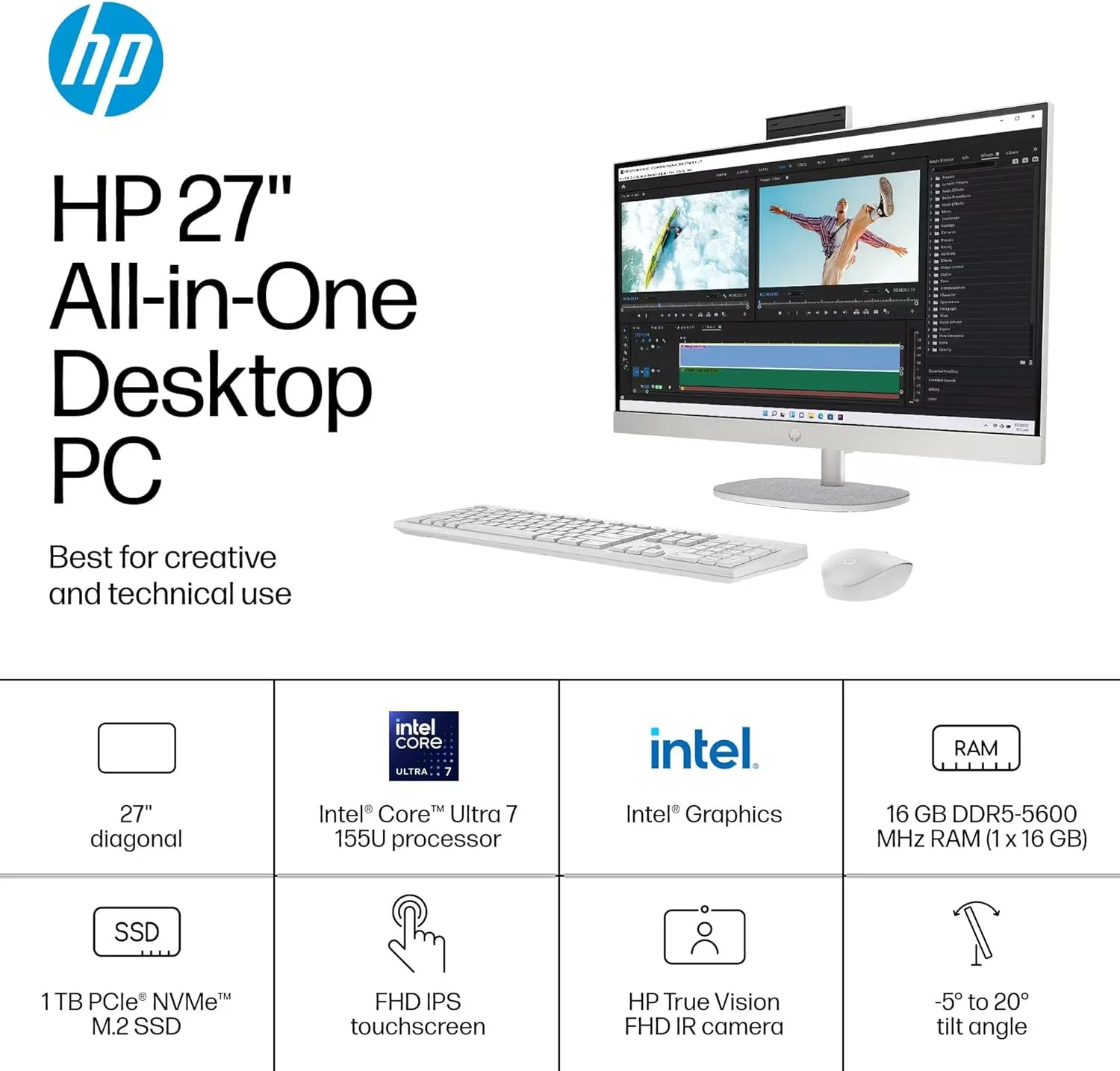 کامپیوتر رومیزی همه کاره لمسی HP 27 - صفحه نمایش 27 اینچی FHD IPS، پردازنده 12 هسته ای Intel Ultra7-155U، گرافیک Intel، ارتفاع قابل تنظیم، Win 11 Pro، کیبورد و ماوس، AIO تجاری، 32 گیگابایت رم DDR5 | 2 ترابایت SSD کامپیوتر رومیزی همه کاره لمسی HP 27 - صفحه نمایش 27 اینچی FHD IPS، پردازنده 12 هسته ای Intel Ultra7-155U، گرافیک Intel، ارتفاع قابل تنظیم، Win 11 Pro، کیبورد و ماوس، AIO تجاری، 32 گیگابایت رم DDR5 | 2 ترابایت SSD