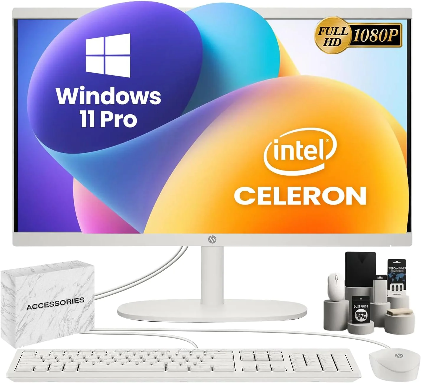 کامپیوتر همه کاره HP 2025 - صفحه نمایش 21.5 اینچی FHD ضد تابش نور، پردازنده Intel Celeron J4025، رم 32 گیگابایتی، SSD 1 ترابایتی، کیبورد و ماوس سیمی، Wi-Fi 6، برای دانشجویان و کسب و کار، Windows 11 Pro، به همراه لوازم جانبی