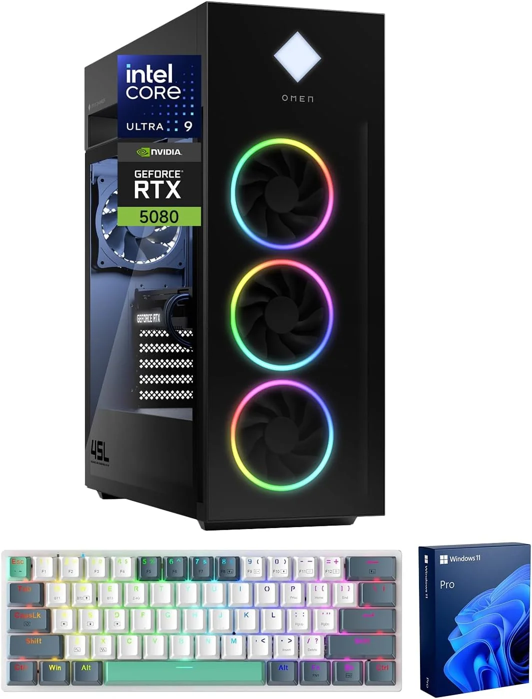 کامپیوتر گیمینگ HP Omen 45L RTX 5080 Pro، پردازنده Intel Ultra 9 285K، کارت گرافیک NVIDIA RTX 5080، رم 32 گیگابایتی DDR5، حافظه SSD 2 ترابایتی، نورپردازی RGB Light Studio، پورت DP، پورت RJ-45، Wi-Fi 6، همراه با کیبورد گیمینگ Machenike K500A-B61W