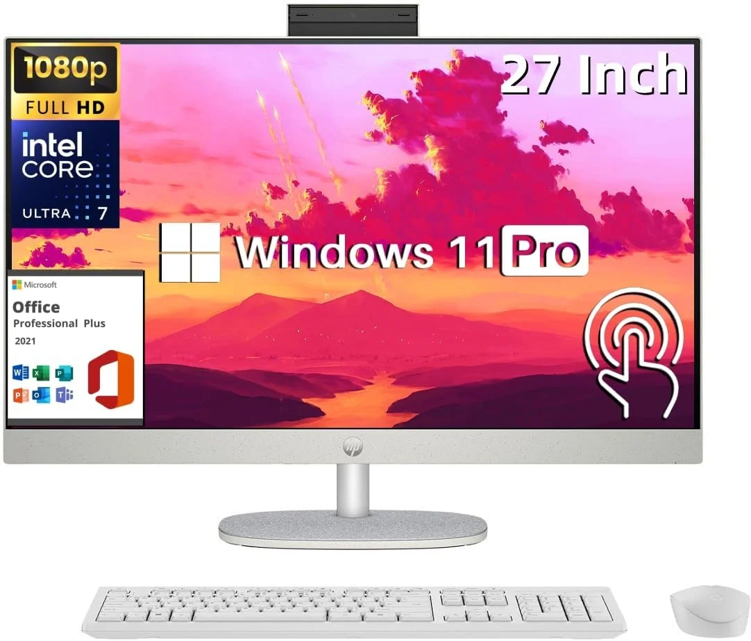 کامپیوتر رومیزی همه کاره HP 27، صفحه نمایش لمسی 27 اینچی FHD، دارای لایسنس مادام العمر MS Office، پردازنده 12 هسته ای Intel Ultra 7 155U (برتر از i7-1355U)، رم 64 گیگابایتی DDR5، حافظه SSD 4 ترابایتی، Wi-Fi 6، کیبورد و ماوس بی سیم، ویندوز 11 پرو