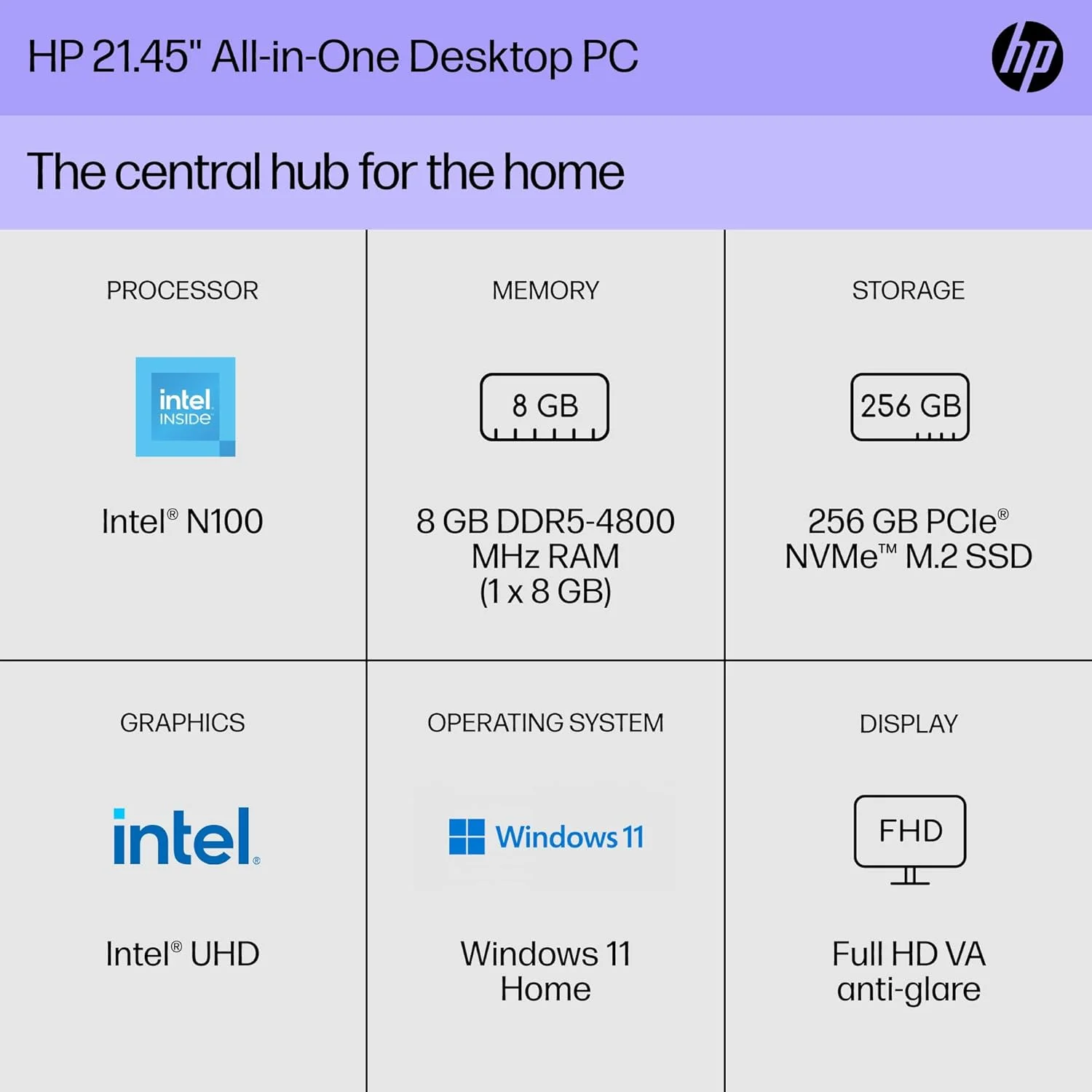 کامپیوتر رومیزی همه کاره 22 اینچی HP، صفحه نمایش FHD، پردازنده Intel N100، رم 8 گیگابایتی، SSD 256 گیگابایتی، گرافیک Intel UHD، ویندوز 11 هوم، 22-dg0020 (2024)