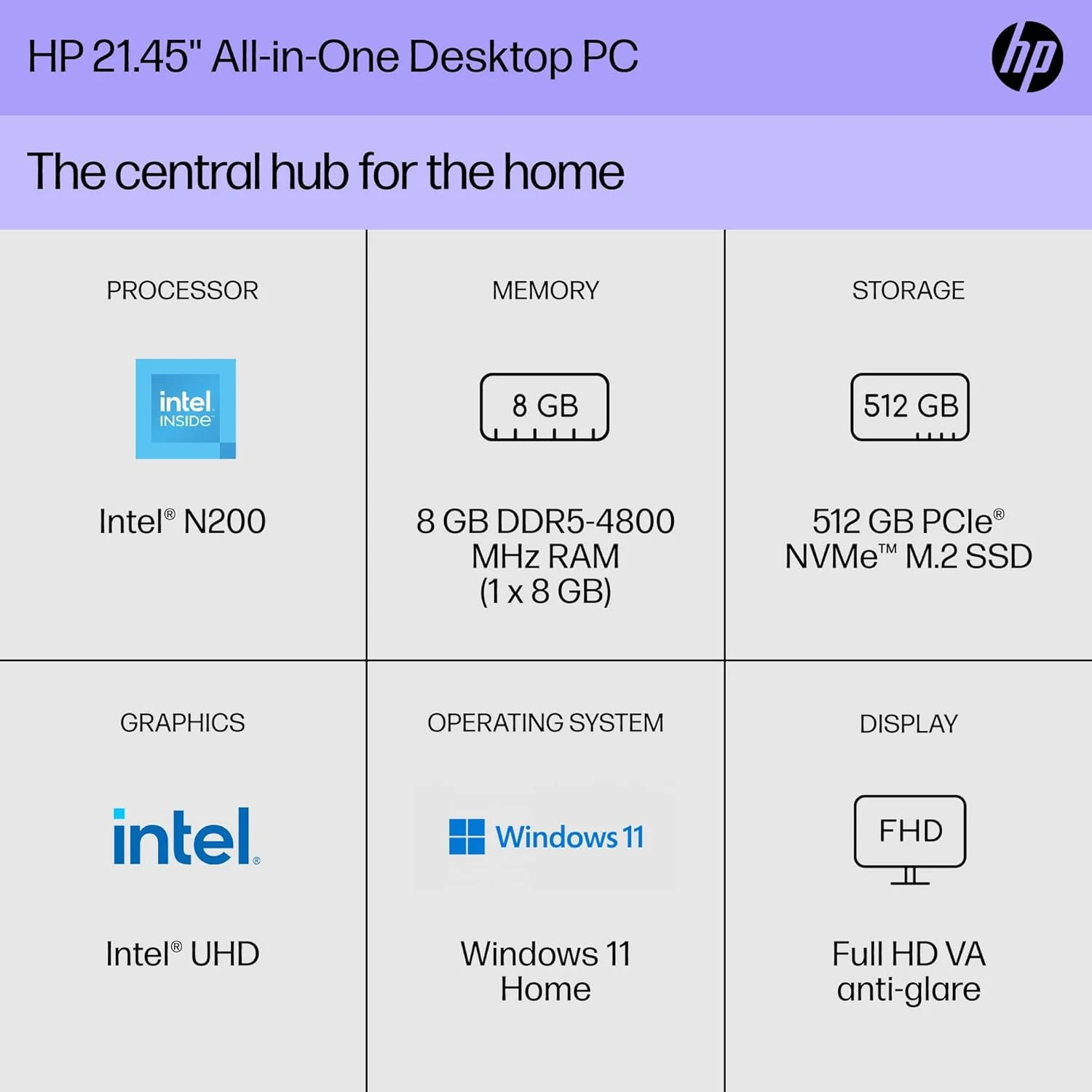 کامپیوتر رومیزی آل این وان 22 اینچی HP، نمایشگر FHD، پردازنده Intel N200، رم 8 گیگابایتی، SSD 512 گیگابایتی، گرافیک Intel UHD، ویندوز 11 هوم، مدل 22-dg0140 (2024)
