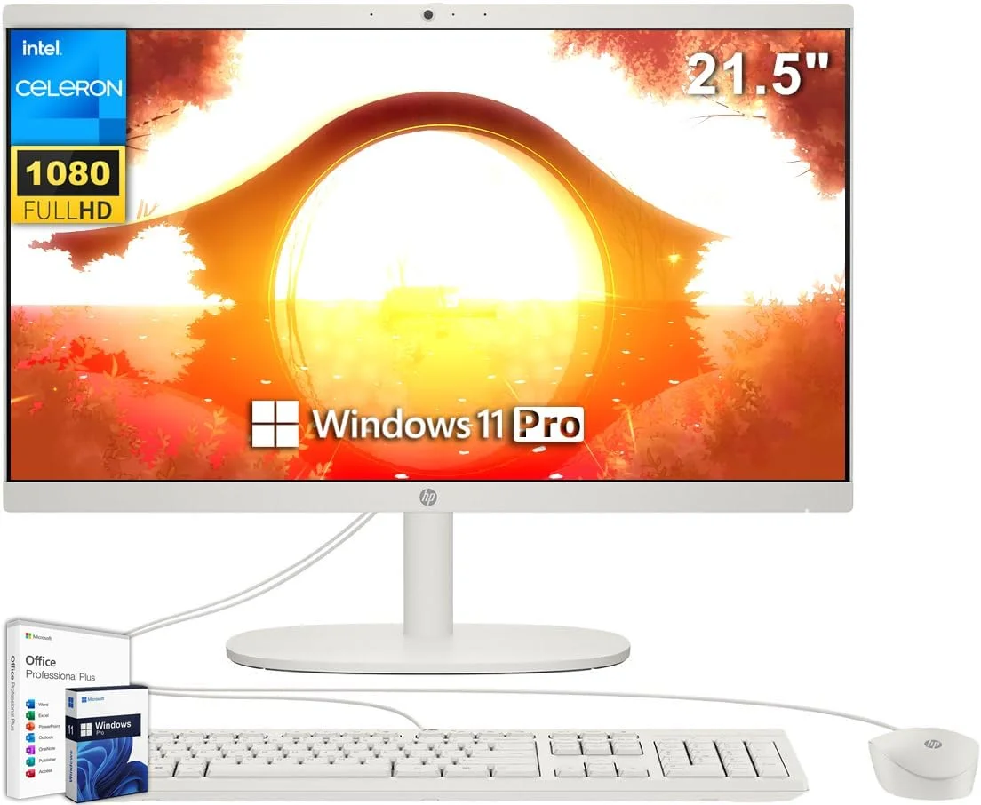 کامپیوتر رومیزی همه کاره HP، صفحه نمایش 21.5 اینچی FHD، پردازنده Intel Celeron J4025، رم 16 گیگابایتی، SSD 512 گیگابایتی، لایسنس مادام العمر Microsoft Office و Windows 11 Pro، کیبورد و ماوس سیمی، وب کم، HDMI، RJ-45