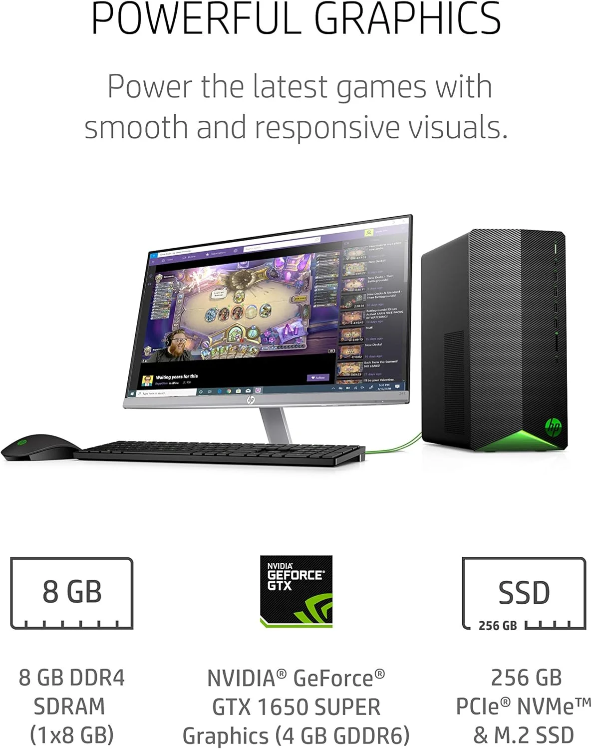 کامپیوتر رومیزی گیمینگ HP Pavilion، NVIDIA GeForce GTX 1650 SUPER، Intel Core i3-10100، رم 8 گیگابایتی DDR4، SSD PCIe NVMe 256 گیگابایتی، ویندوز 11، ماوس و کیبورد USB، طراحی برج فشرده (TG01-1022، 2020) کامپیوتر رومیزی گیمینگ HP Pavilion، NVIDIA GeForce GTX 1650 SUPER، Intel Core i3-10100، رم 8 گیگابایتی DDR4، SSD PCIe NVMe 256 گیگابایتی، ویندوز 11، ماوس و کیبورد USB، طراحی برج فشرده (TG01-1022، 2020)