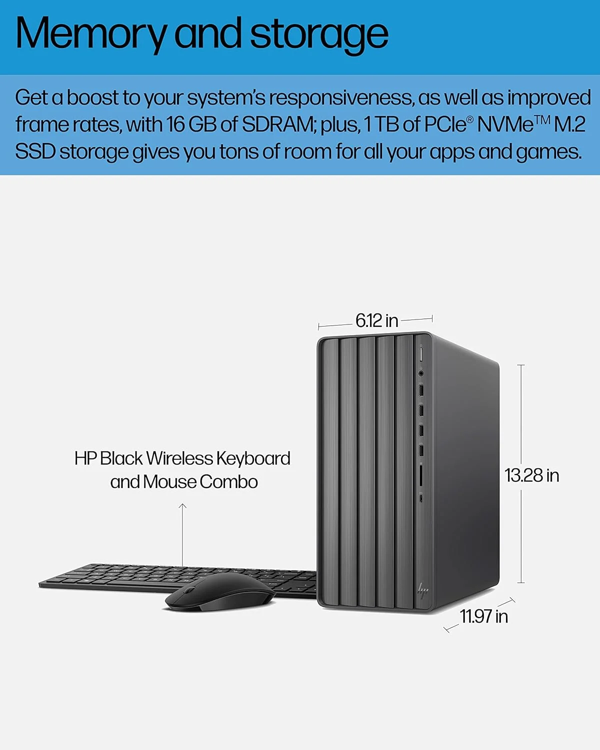 کامپیوتر رومیزی HP Envy، کارت گرافیک NVIDIA GeForce RTX 3050، پردازنده نسل دوازدهم Intel Core i7-12700، رم 16 گیگابایتی SDRAM، حافظه SSD یک ترابایتی، ویندوز 11 هوم، Wi-Fi 6 و بلوتوث، کیبورد و ماوس بی‌سیم، کیس کامپیوتر از پیش ساخته شده (TE01-3050, 2022)
