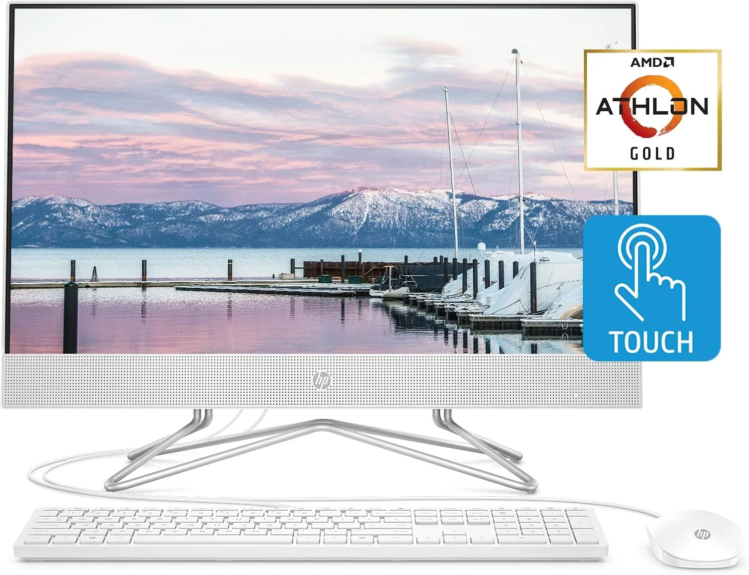 کامپیوتر رومیزی لمسی 24 اینچی همه کاره HP، پردازنده AMD Athlon Gold 3150U، رم 8 گیگابایتی، SSD 512 گیگابایتی، ویندوز 10 هوم (24-df0040، سفید)، سفید برفی