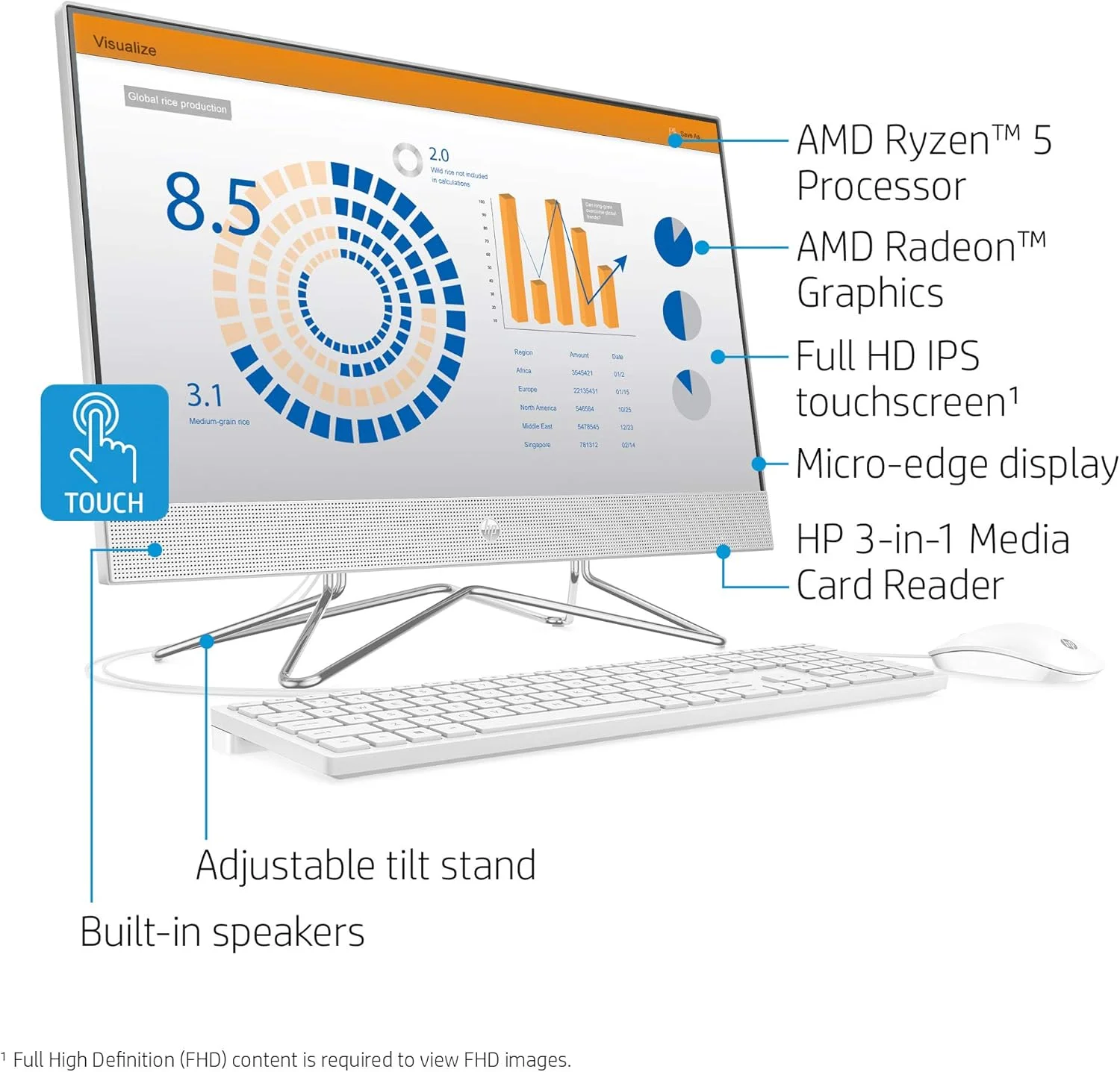 کامپیوتر رومیزی لمسی 24 اینچی همه کاره HP، پردازنده AMD Ryzen 5 4500U، رم 12 گیگابایتی، SSD 512 گیگابایتی، ویندوز 10 هوم (24-dp0160، نقره ای)