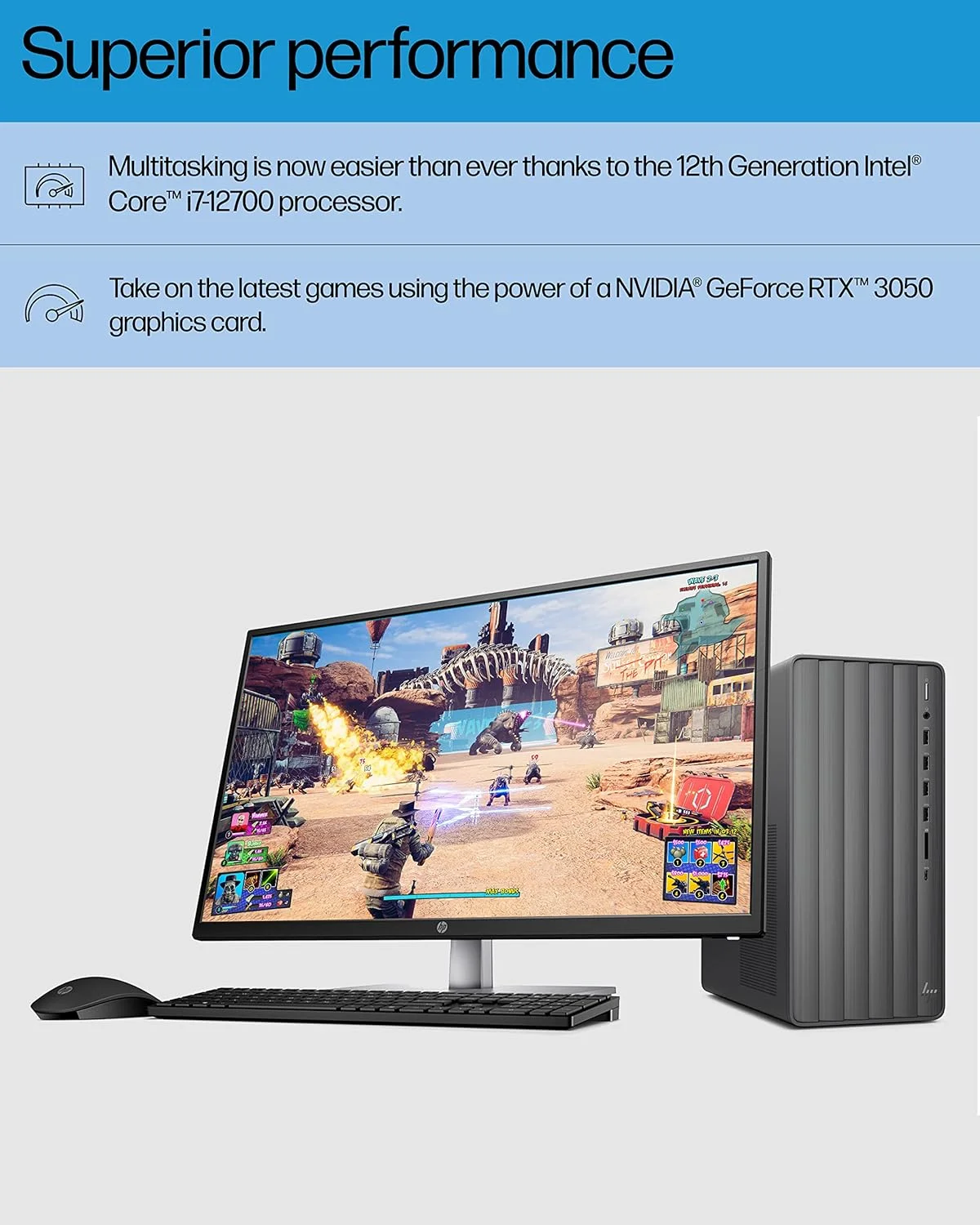 کامپیوتر رومیزی HP Envy، کارت گرافیک NVIDIA GeForce RTX 3050، پردازنده نسل دوازدهم Intel Core i7-12700، رم 16 گیگابایتی SDRAM، حافظه SSD یک ترابایتی، ویندوز 11 هوم، Wi-Fi 6 و بلوتوث، کیبورد و ماوس بی‌سیم، کیس از پیش ساخته شده (TE01-3050، 2022)