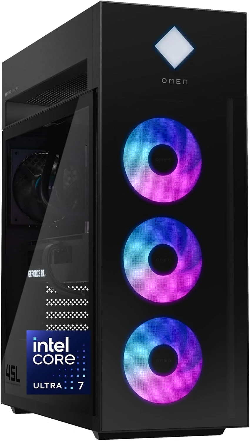 کامپیوتر گیمینگ HP OMEN 45L GT22-3080، ویندوز 11 پرو، پردازنده Intel Core Ultra 7، رم 32 گیگابایت، SSD 2 ترابایت، کارت گرافیک NVIDIA GeForce RTX 5080، مشکی