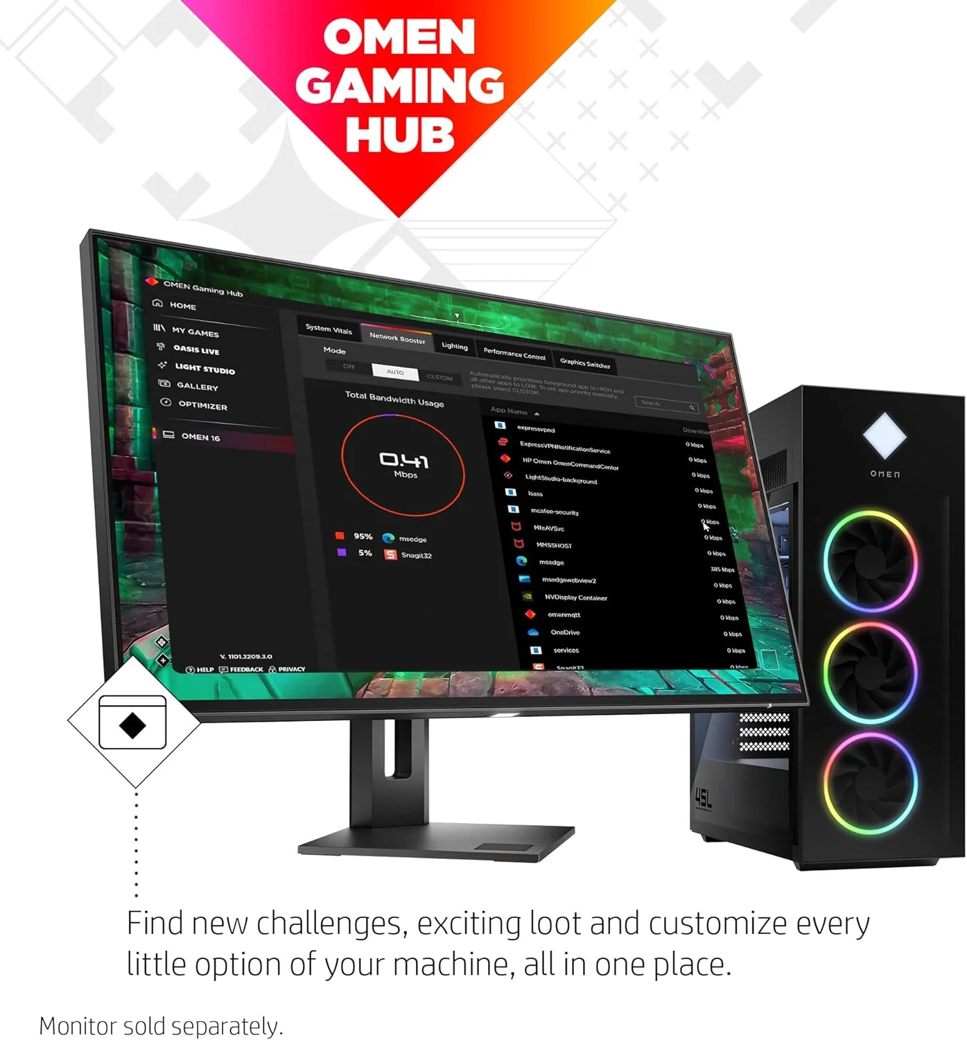 کامپیوتر گیمینگ رومیزی HP OMEN 45L، نسل سیزدهم پردازنده Intel Core i9-13900KF، رم 16 گیگابایتی، درایو حالت جامد 1 ترابایتی، کارت گرافیک NVIDIA GeForce RTX 4070 Ti، ویندوز 11 هوم، GT22-1082 (2023)