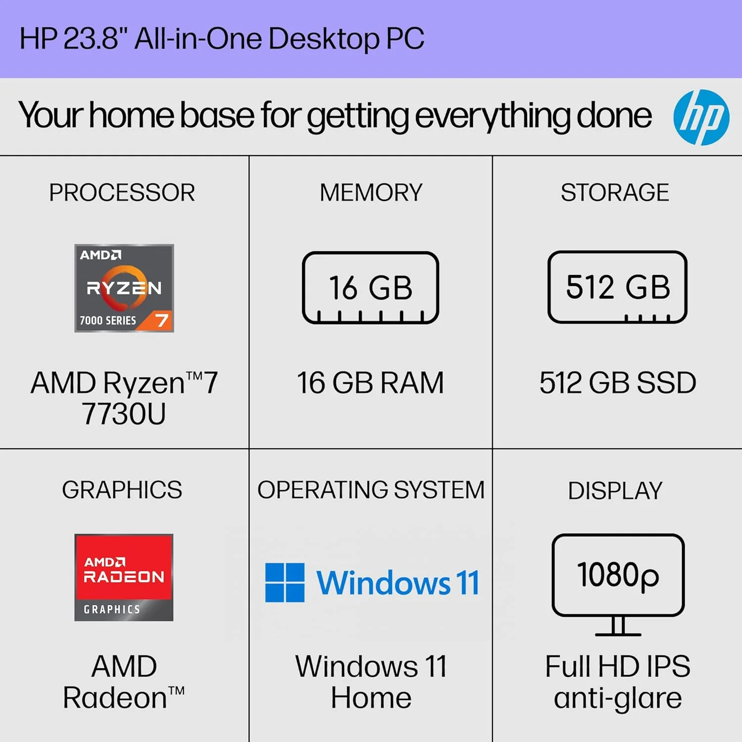 کامپیوتر همه کاره 23.8 اینچی HP مدل 24-cr0032، پردازنده AMD Ryzen™ 7 7730U، گرافیک AMD Radeon™، رم 16 گیگابایتی DDR4-3200 مگاهرتز