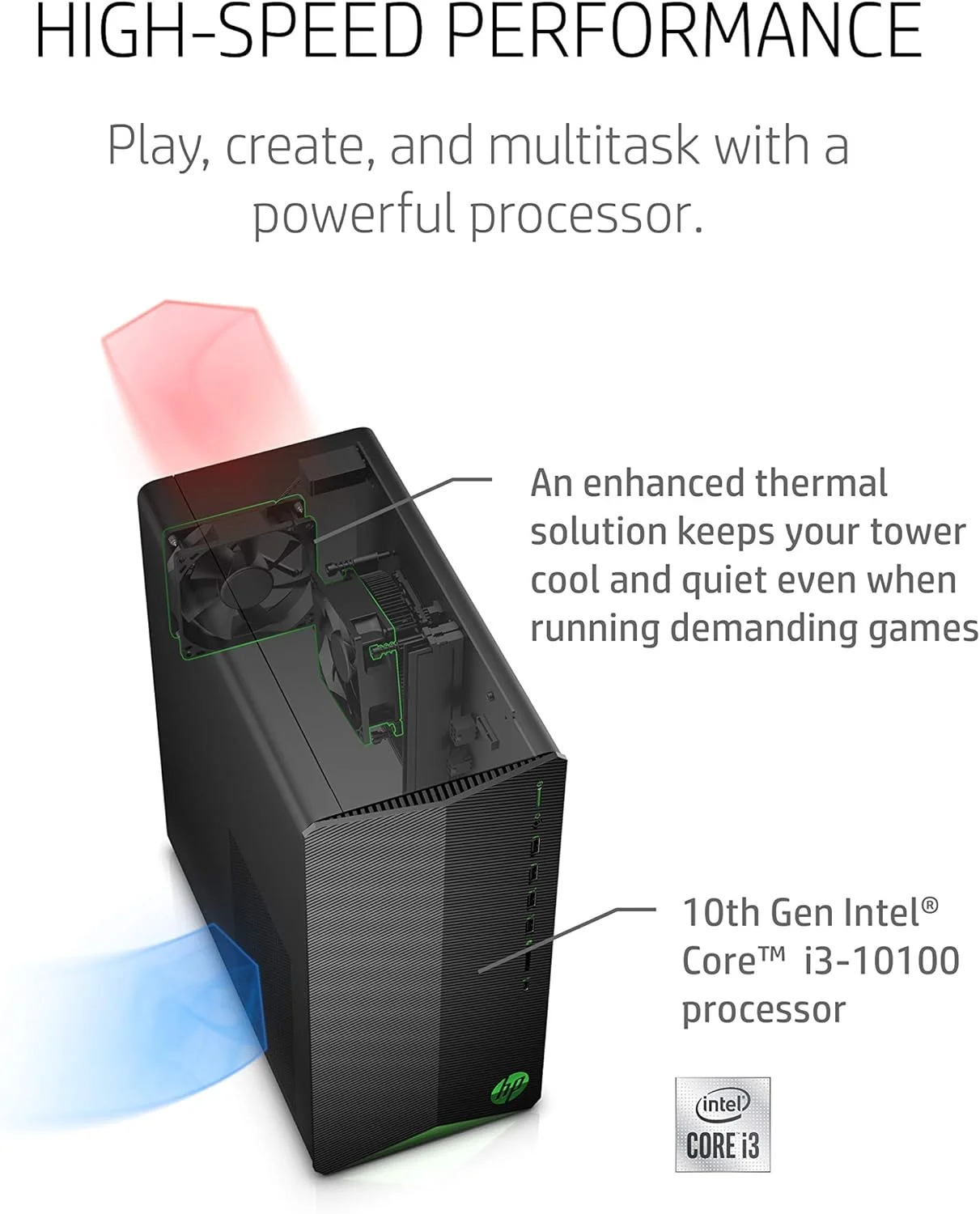 کامپیوتر رومیزی گیمینگ HP Pavilion، کارت گرافیک NVIDIA GeForce GTX 1650 SUPER، پردازنده Intel Core i3-10100، رم 8 گیگابایتی DDR4، حافظه SSD PCIe NVMe 256 گیگابایتی، ویندوز 11، ماوس و کیبورد USB، طراحی برج فشرده (TG01-1022، 2020)
