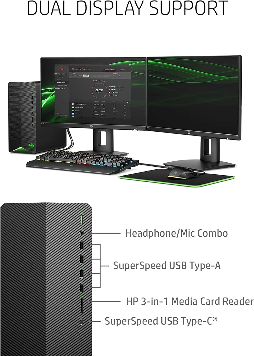 کامپیوتر رومیزی گیمینگ HP Pavilion، کارت گرافیک NVIDIA GeForce GTX 1650 SUPER، پردازنده Intel Core i3-10100، رم 8 گیگابایتی DDR4، حافظه SSD PCIe NVMe 256 گیگابایتی، ویندوز 11، ماوس و کیبورد USB، طراحی برج فشرده (TG01-1022، 2020)
