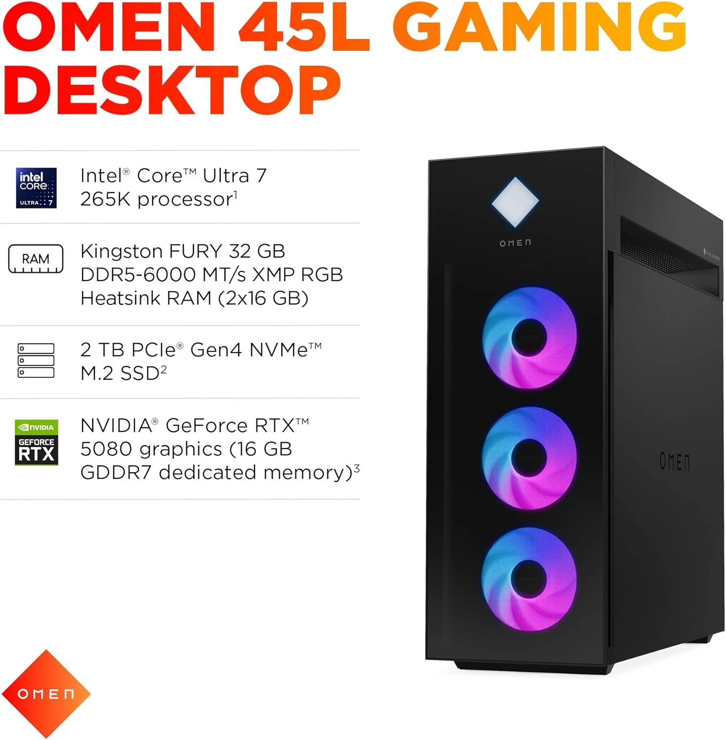 کامپیوتر گیمینگ HP OMEN 45L مدل GT22-3080، ویندوز 11 پرو، پردازنده Intel Core Ultra 7، رم 32 گیگابایت، حافظه SSD 2 ترابایت، کارت گرافیک NVIDIA GeForce RTX 5080، مشکی کامپیوتر گیمینگ HP OMEN 45L مدل GT22-3080، ویندوز 11 پرو، پردازنده Intel Core Ultra 7، رم 32 گیگابایت، حافظه SSD 2 ترابایت، کارت گرافیک NVIDIA GeForce RTX 5080، مشکی