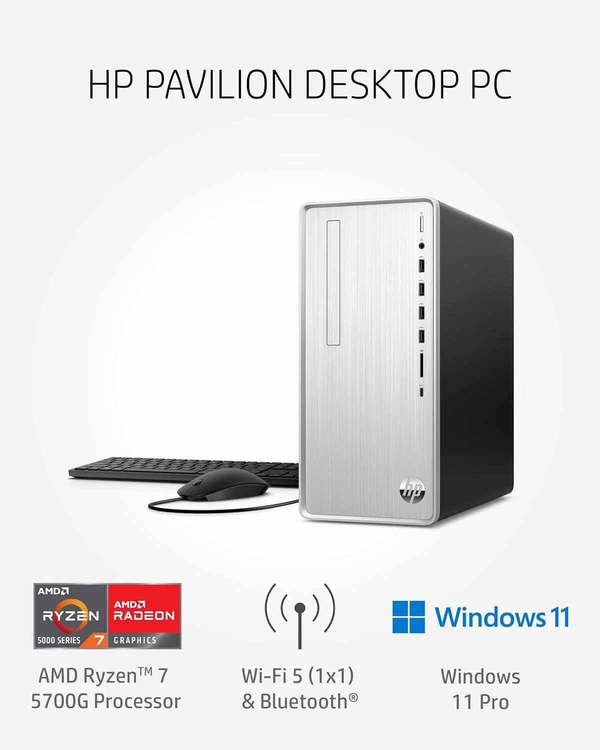 کامپیوتر رومیزی HP Pavilion، پردازنده AMD Ryzen 7 5700G، رم 16 گیگابایتی، حافظه SSD 512 گیگابایتی، ویندوز 11 پرو، اتصال Wi-Fi 5 و بلوتوث، 9 پورت USB، ماوس و کیبورد سیمی، کیس از پیش ساخته شده (TP01-2022، 2021)