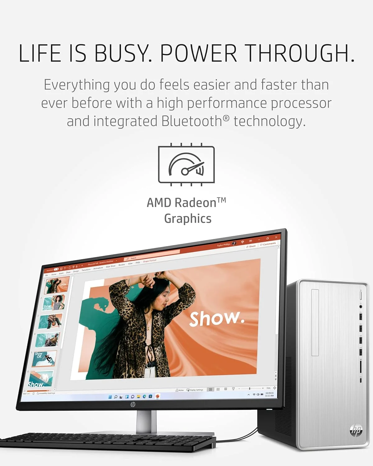 کامپیوتر رومیزی HP Pavilion، پردازنده AMD Ryzen 7 5700G، رم 16 گیگابایتی، حافظه SSD 512 گیگابایتی، ویندوز 11 پرو، اتصال Wi-Fi 5 و بلوتوث، 9 پورت USB، ماوس و کیبورد سیمی، کیس از پیش ساخته شده (TP01-2022، 2021)