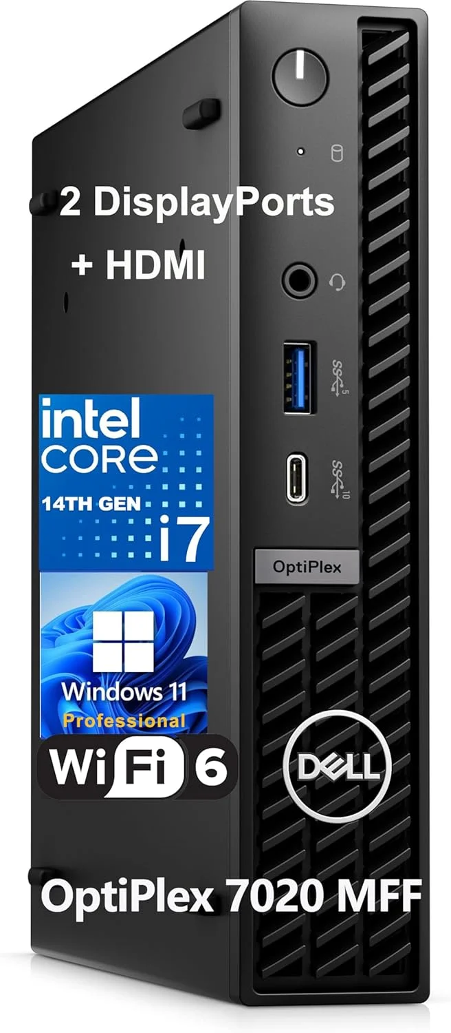 کامپیوتر رومیزی تجاری کوچک Dell OptiPlex 7020 MFF 7000 Micro Form Factor، نسل 14 اینتل 20 هسته ای i7-14700T تا 5.2 گیگاهرتز، 16 گیگابایت رم DDR5، 512 گیگابایت PCIe SSD، WiFi 6، DisplayPort، HDMI، ویندوز 11 پرو