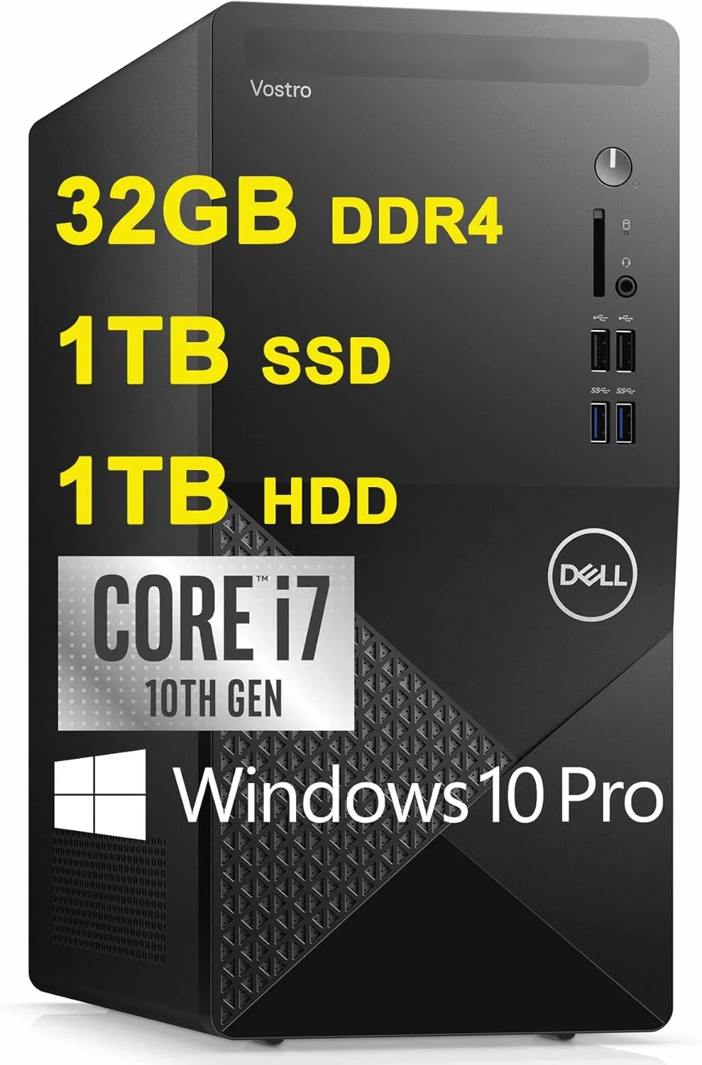 کامپیوتر رومیزی تجاری کامپکت Dell Vostro 3000 3888 Premium با پردازنده نسل دهم Intel 8 هسته ای i7-10700، رم 32 گیگابایت DDR4، حافظه 1 ترابایت SSD + 1 ترابایت HDD، گرافیک Intel UHD 630، وای فای 5، بلوتوث، HDMI، VGA، ویندوز 10 پرو مشکی