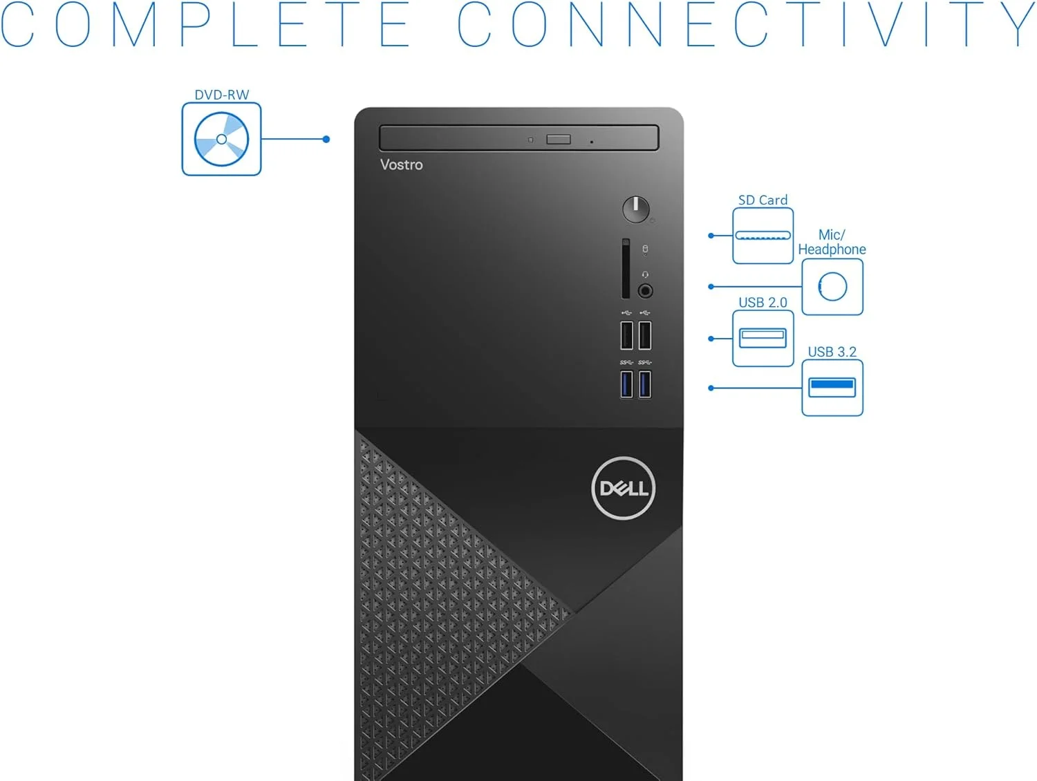 کامپیوتر رومیزی Dell Vostro 3888 Tower با اندازه کامل، پردازنده Intel Octa-Core i7-10700، رم 16 گیگابایتی DDR4، حافظه SSD PCIe 512 گیگابایتی + هارد دیسک 1 ترابایتی، DVDRW، وای فای 802.11AC، بلوتوث، کیبورد و ماوس، ویندوز 11 پرو کامپیوتر رومیزی Dell Vostro 3888 Tower با اندازه کامل، پردازنده Intel Octa-Core i7-10700، رم 16 گیگابایتی DDR4، حافظه SSD PCIe 512 گیگابایتی + هارد دیسک 1 ترابایتی، DVDRW، وای فای 802.11AC، بلوتوث، کیبورد و ماوس، ویندوز 11 پرو