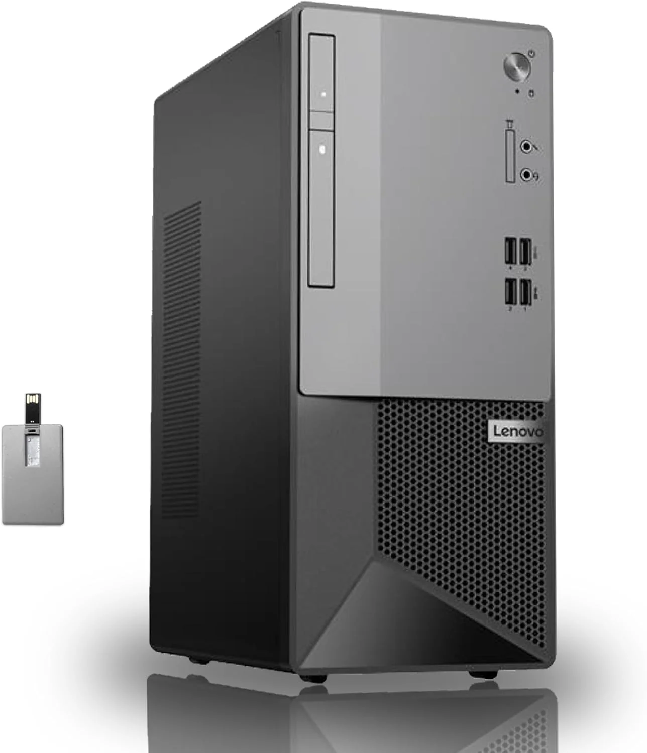 کامپیوتر رومیزی تجاری Lenovo V50t Gen2، پردازنده Intel Core i3-10100، رم 16 گیگابایتی، SSD PCIe 1 ترابایتی، DVD-RW، HDMI، RJ-45، درگاه نمایش، کیبورد و ماوس سیمی، Windows 11 Pro، مشکی، کارت USB Snowbell 32 گیگابایتی
