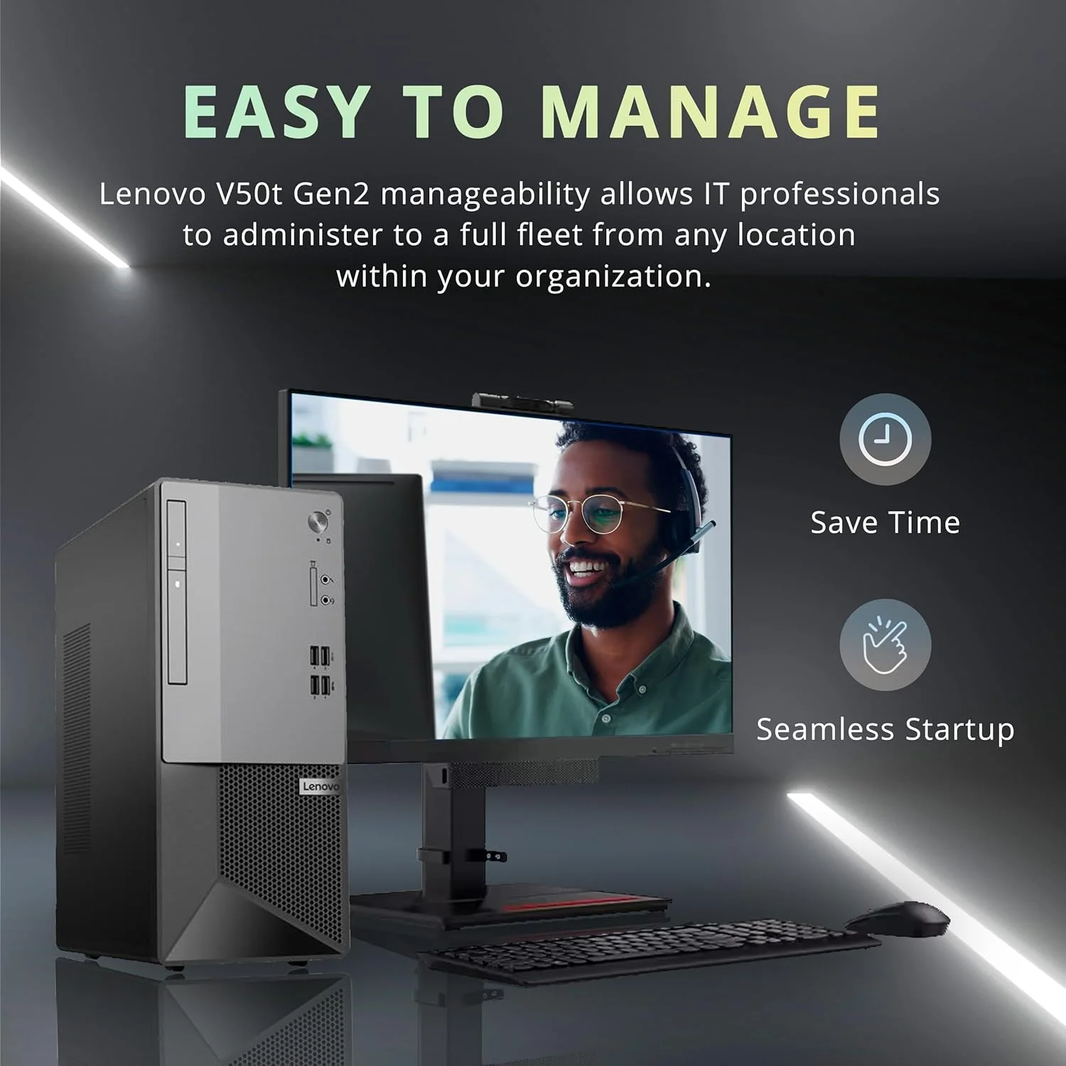 کامپیوتر رومیزی تجاری Lenovo V50t Gen2، پردازنده Intel Core i3-10100، رم 16 گیگابایتی، SSD PCIe 1 ترابایتی، DVD-RW، HDMI، RJ-45، درگاه نمایش، کیبورد و ماوس سیمی، Windows 11 Pro، مشکی، کارت USB Snowbell 32 گیگابایتی کامپیوتر رومیزی تجاری Lenovo V50t Gen2، پردازنده Intel Core i3-10100، رم 16 گیگابایتی، SSD PCIe 1 ترابایتی، DVD-RW، HDMI، RJ-45، درگاه نمایش، کیبورد و ماوس سیمی، Windows 11 Pro، مشکی، کارت USB Snowbell 32 گیگابایتی