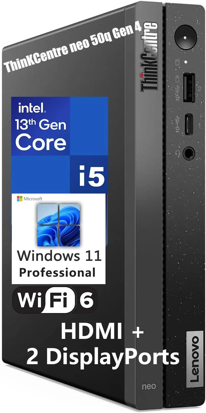 کامپیوتر رومیزی مینی تجاری لنوو ThinkCentre neo 50q Gen 4 Tiny 1L، پردازنده نسل سیزدهم اینتل 8 هسته ای i5-13420H (بهتر از i7-1355U)، رم 16 گیگابایتی DDR4، حافظه SSD 512 گیگابایتی PCIe، 2 پورت DisplayPort، WiFi 6، ویندوز 11 پرو، Vent-Hear