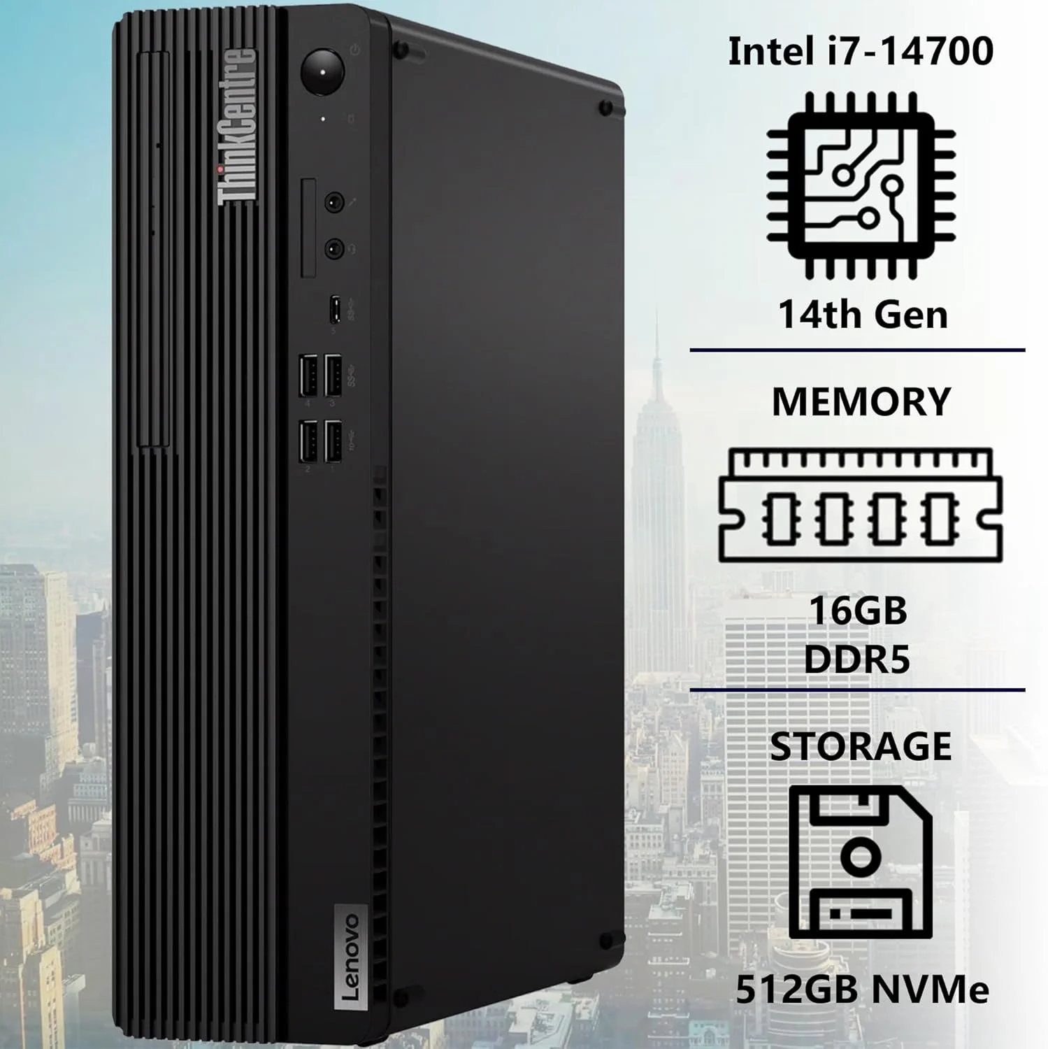 کامپیوتر رومیزی لنوو ThinkCentre M70s Gen 5 SFF، پردازنده Intel i7-14700، رم 16 گیگابایت DDR5، حافظه SSD 512 گیگابایت، Wi-Fi 6E + BT، RJ-45، HDMI، DP، کیبورد و ماوس سیمی، ویندوز 11 پرو، مشکی همراه با فلش USB OEM
