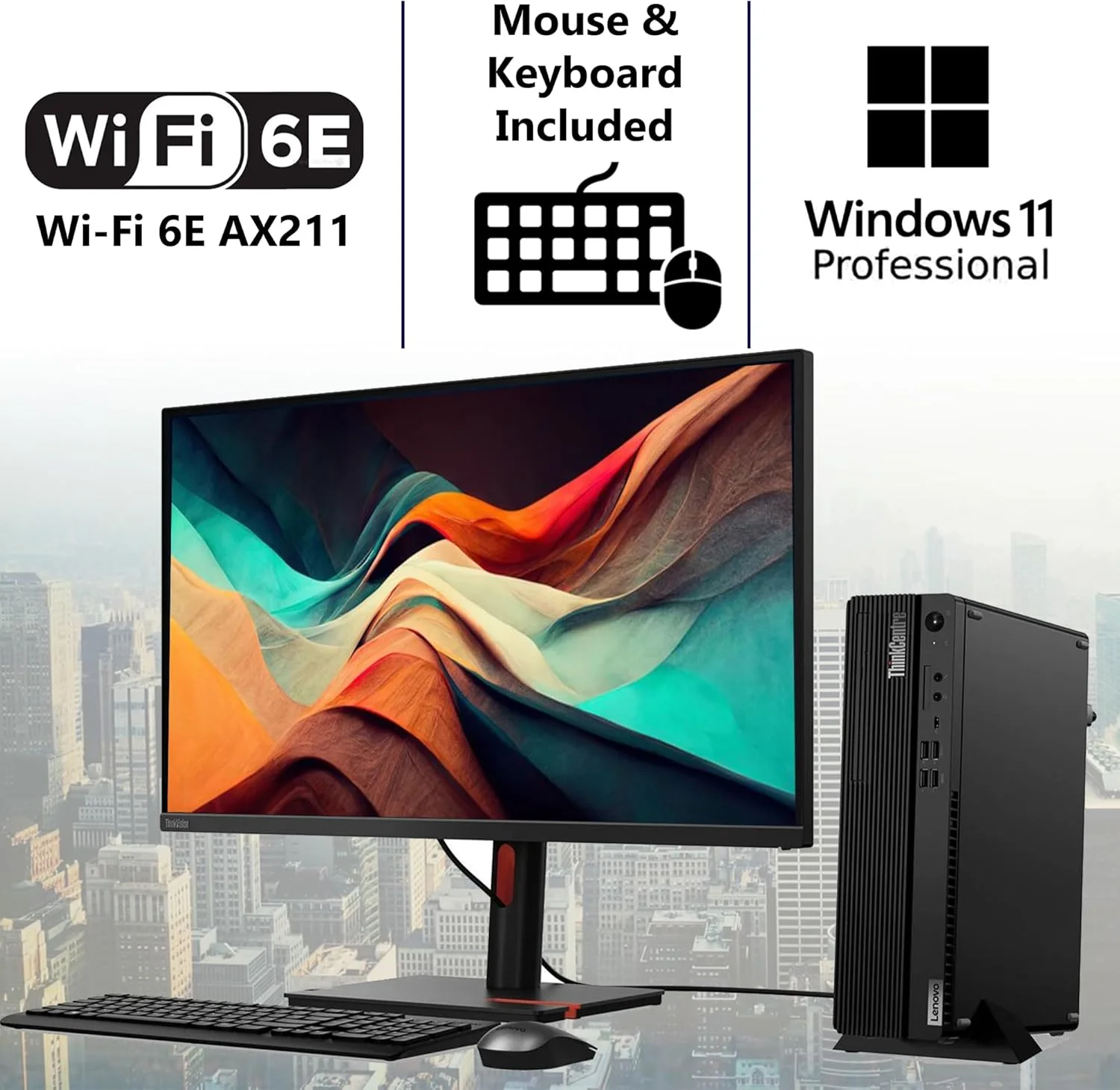 کامپیوتر رومیزی لنوو ThinkCentre M70s Gen 5 SFF، پردازنده Intel i7-14700، رم 16 گیگابایت DDR5، حافظه SSD 512 گیگابایت، Wi-Fi 6E + BT، RJ-45، HDMI، DP، کیبورد و ماوس سیمی، ویندوز 11 پرو، مشکی همراه با فلش USB OEM