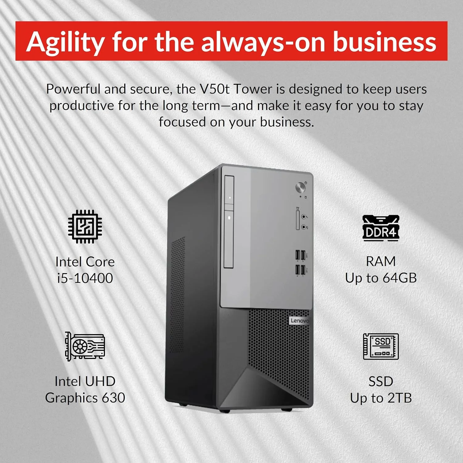 کامپیوتر رومیزی تجاری Lenovo V50t Gen 2، پردازنده Intel Core i5-10400، رم 32 گیگابایت، SSD 1 ترابایت، DVD-RW، HDMI، RJ-45، DP، Wi-Fi، ویندوز 11 پرو، مشکی