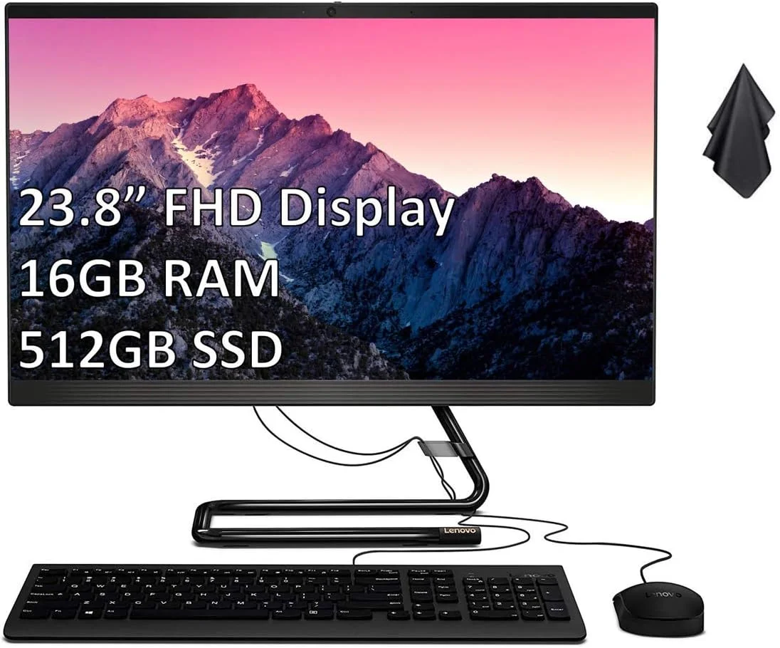 کامپیوتر رومیزی آل این وان 23.8 اینچی FHD بدون لمس لنوو 2021، پردازنده Intel Pentium Gold G6400T با فرکانس 3.4 گیگاهرتز، 16 گیگابایت رم، 512 گیگابایت SSD، وب کم، WiFi، DVD، ویندوز 10 هوم