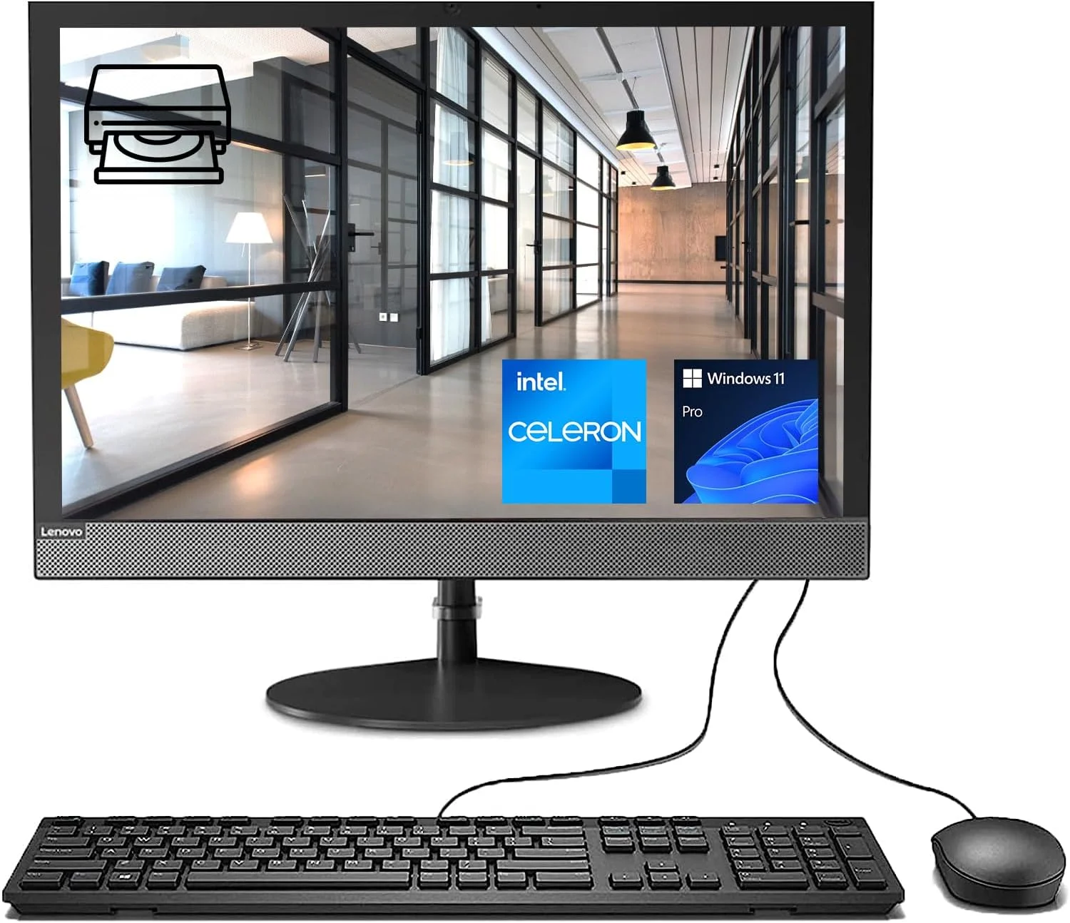 کامپیوتر رومیزی همه کاره Lenovo V130، پردازنده دو هسته ای اینتل، صفحه نمایش 19.5 اینچی HD+، رم 16 گیگابایتی، SSD PCIe 1 ترابایتی، DVD-RW، Wi-Fi، وب کم، HDMI، کیبورد و ماوس سیمی، ویندوز 11 پرو
