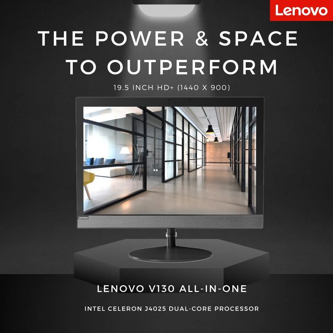 کامپیوتر رومیزی همه کاره Lenovo V130، پردازنده دو هسته ای اینتل، صفحه نمایش 19.5 اینچی HD+، رم 16 گیگابایتی، SSD PCIe 1 ترابایتی، DVD-RW، Wi-Fi، وب کم، HDMI، کیبورد و ماوس سیمی، ویندوز 11 پرو