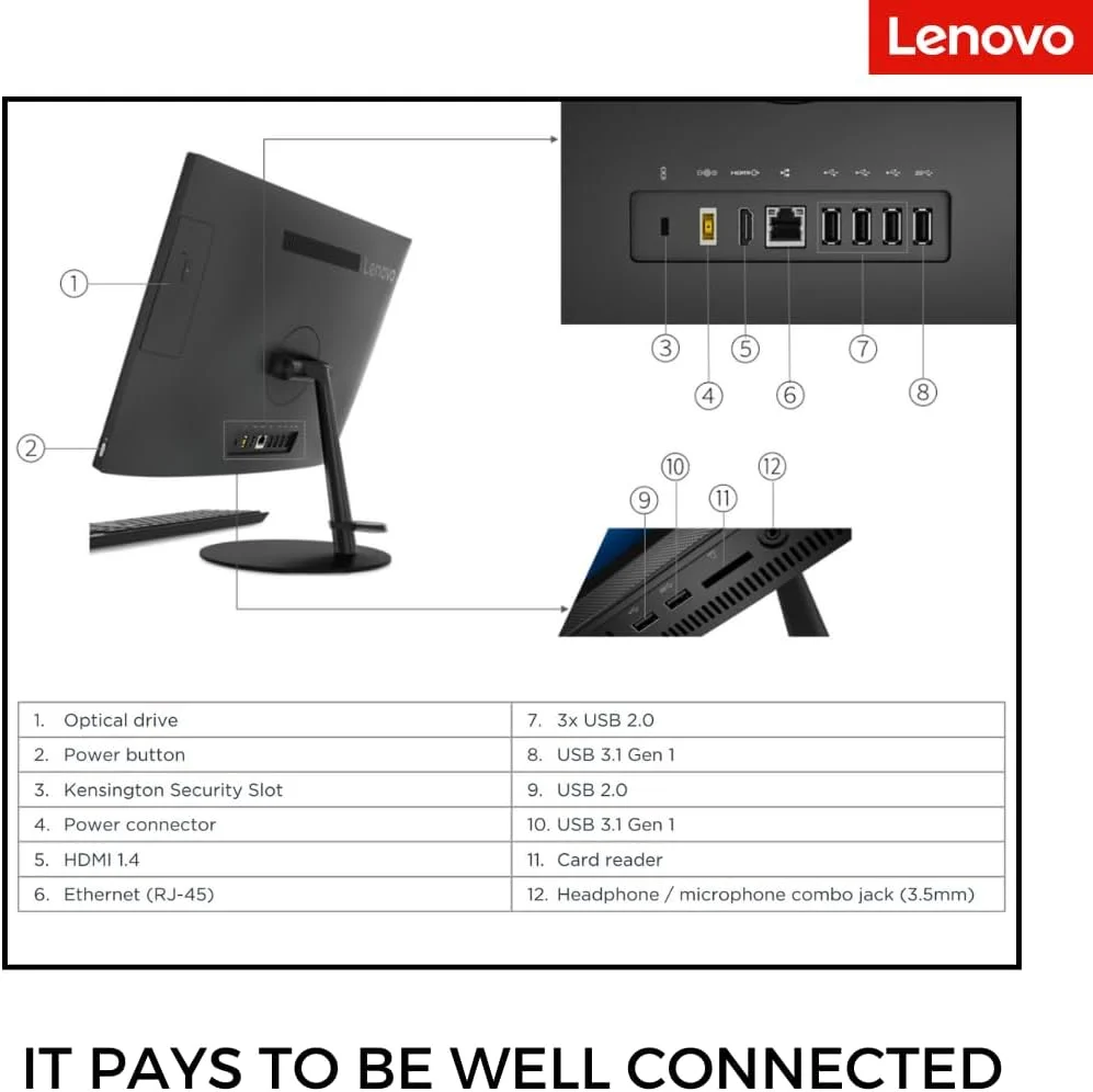 کامپیوتر رومیزی همه کاره Lenovo V130، پردازنده دو هسته ای اینتل، صفحه نمایش 19.5 اینچی HD+، رم 16 گیگابایتی، SSD PCIe 1 ترابایتی، DVD-RW، Wi-Fi، وب کم، HDMI، کیبورد و ماوس سیمی، ویندوز 11 پرو