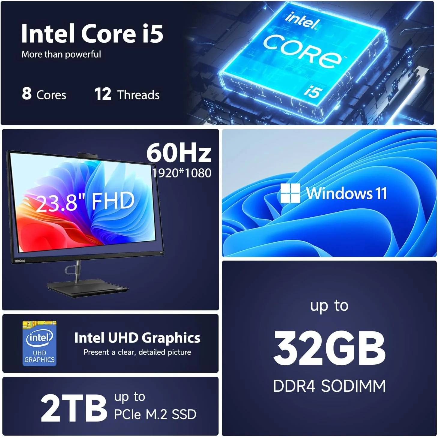 کامپیوتر همه کاره تجاری لنوو ThinkCentre M90a، صفحه نمایش 23.8 اینچی FHD IPS، پردازنده Intel Core i5-10500، وای فای 6، رم 16 گیگابایتی، SSD 512 گیگابایتی، وب کم 1080P، DVD-RW، DisplayPort، RJ-45، ویندوز 11 پرو