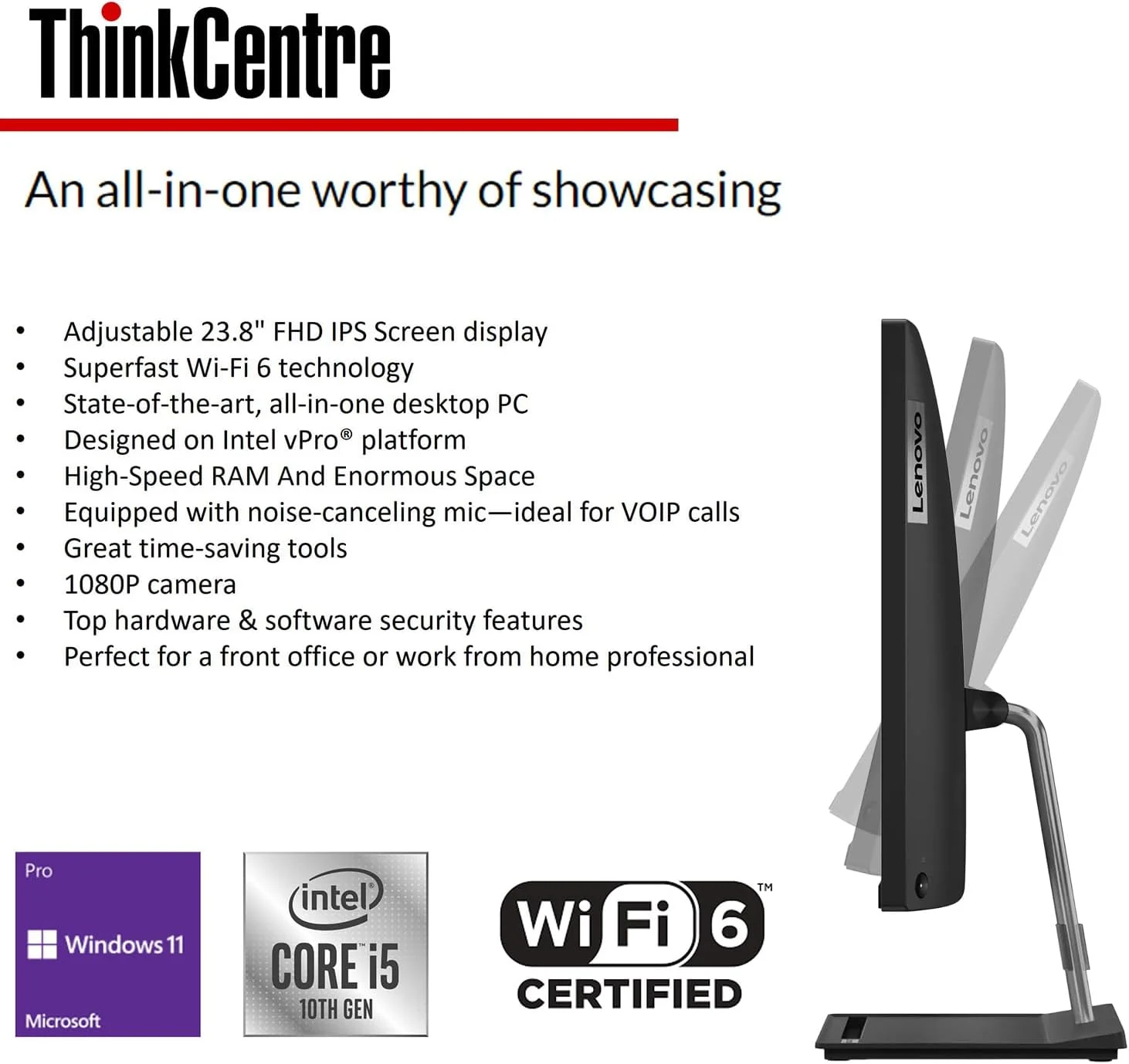 کامپیوتر همه کاره تجاری لنوو ThinkCentre M90a، صفحه نمایش 23.8 اینچی FHD IPS، پردازنده Intel Core i5-10500، وای فای 6، رم 16 گیگابایتی، SSD 512 گیگابایتی، وب کم 1080P، DVD-RW، DisplayPort، RJ-45، ویندوز 11 پرو
