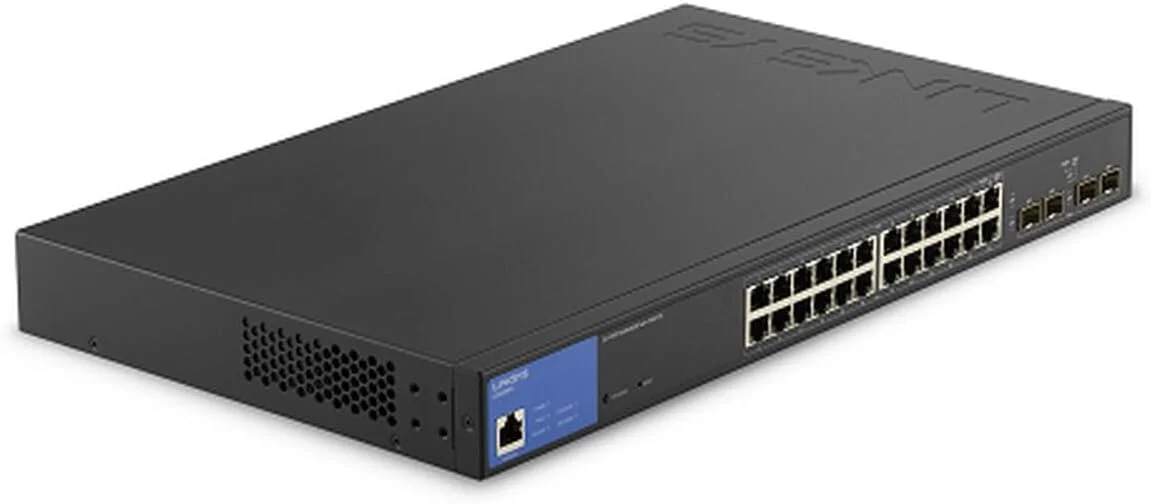 سوئیچ شبکه مدیریتی 24 پورت گیگابیتی Linksys با 4 اسلات SFP آپلینک 1 گیگابیتی - پورت های POE / POE+، QOS، مسیریابی استاتیک، VLAN، ویژگی های IGMP - بدنه فلزی، قابل نصب روی میز یا دیوار - LGS328PC