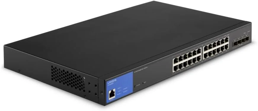 سوییچ شبکه 24 پورت گیگابیتی PoE+ لینکسیس LGS328MPC-EU با توان 410 وات، دارای 4 پورت آپلینک 10G SFP+، سوییچ هوشمند مدیریتی، اسپلیتر اترنت با شاسی فلزی، قابلیت نصب روی دیوار یا میز